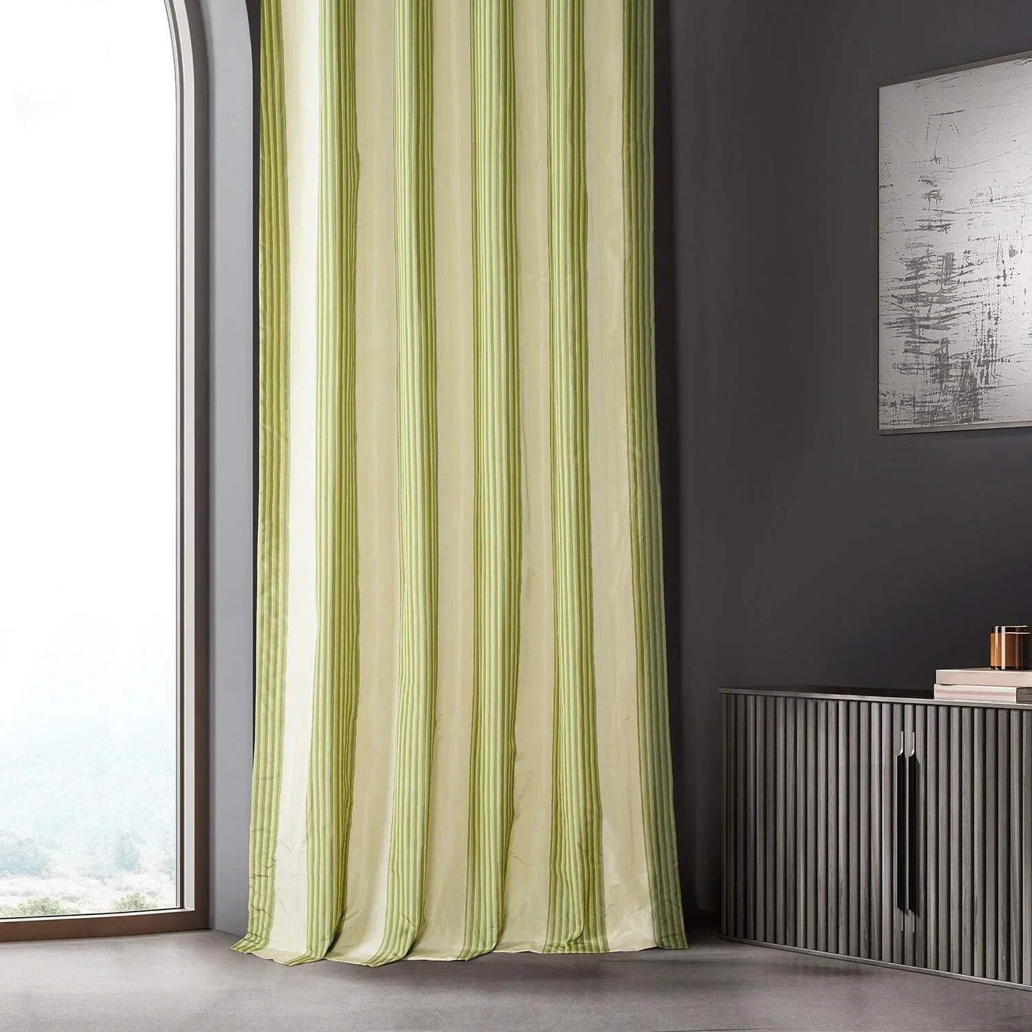 Aamani Green Yellow Striped Silk Room Darkening Curtain - Image 6