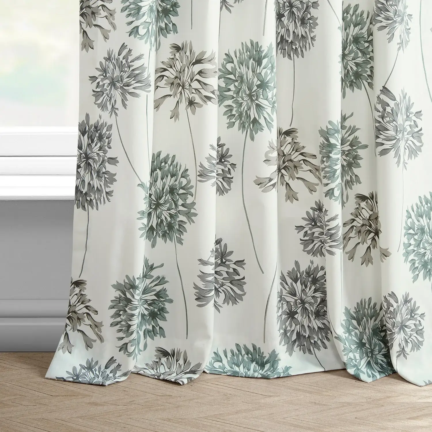 Allium Blue Grey Floral Printed Cotton Custom Curtain - Image 3