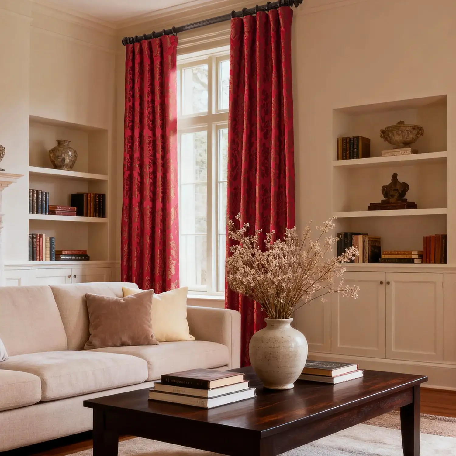 Astoria Red & Bronze Damask Faux Silk Jacquard Custom Curtain