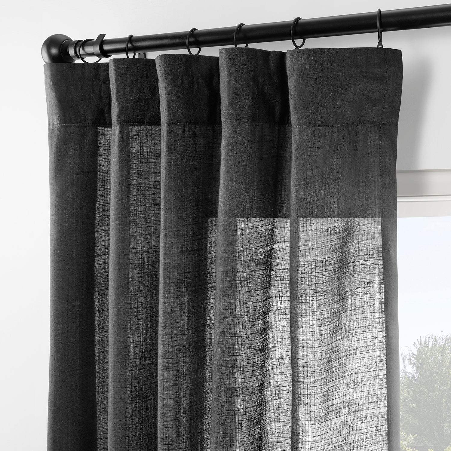 Black Rustic Linen Weave Semi-Sheer Curtain Pair (2 Panels) - Image 2