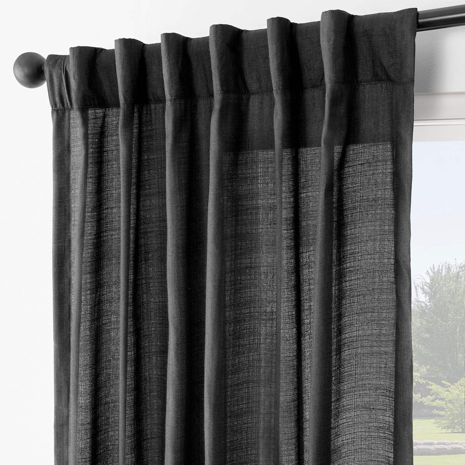 Black Rustic Linen Weave Semi-Sheer Curtain Pair (2 Panels) - Image 3