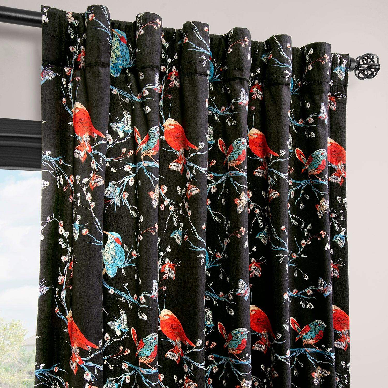 Botanic Garden Black Abstract Barcelona Velvet Room Darkening Curtain - Image 3