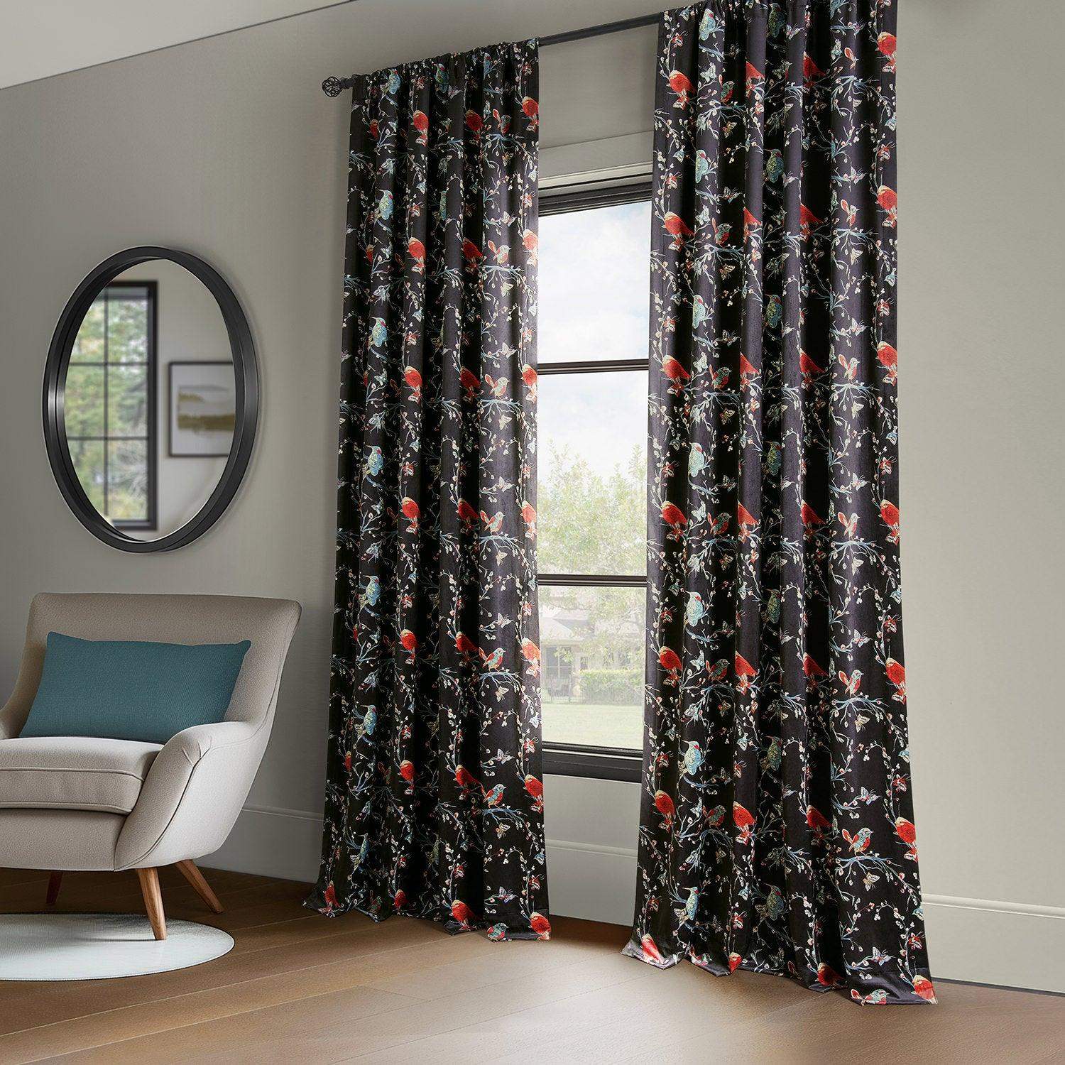 Botanic Garden Black Abstract Barcelona Velvet Room Darkening Curtain - Image 6