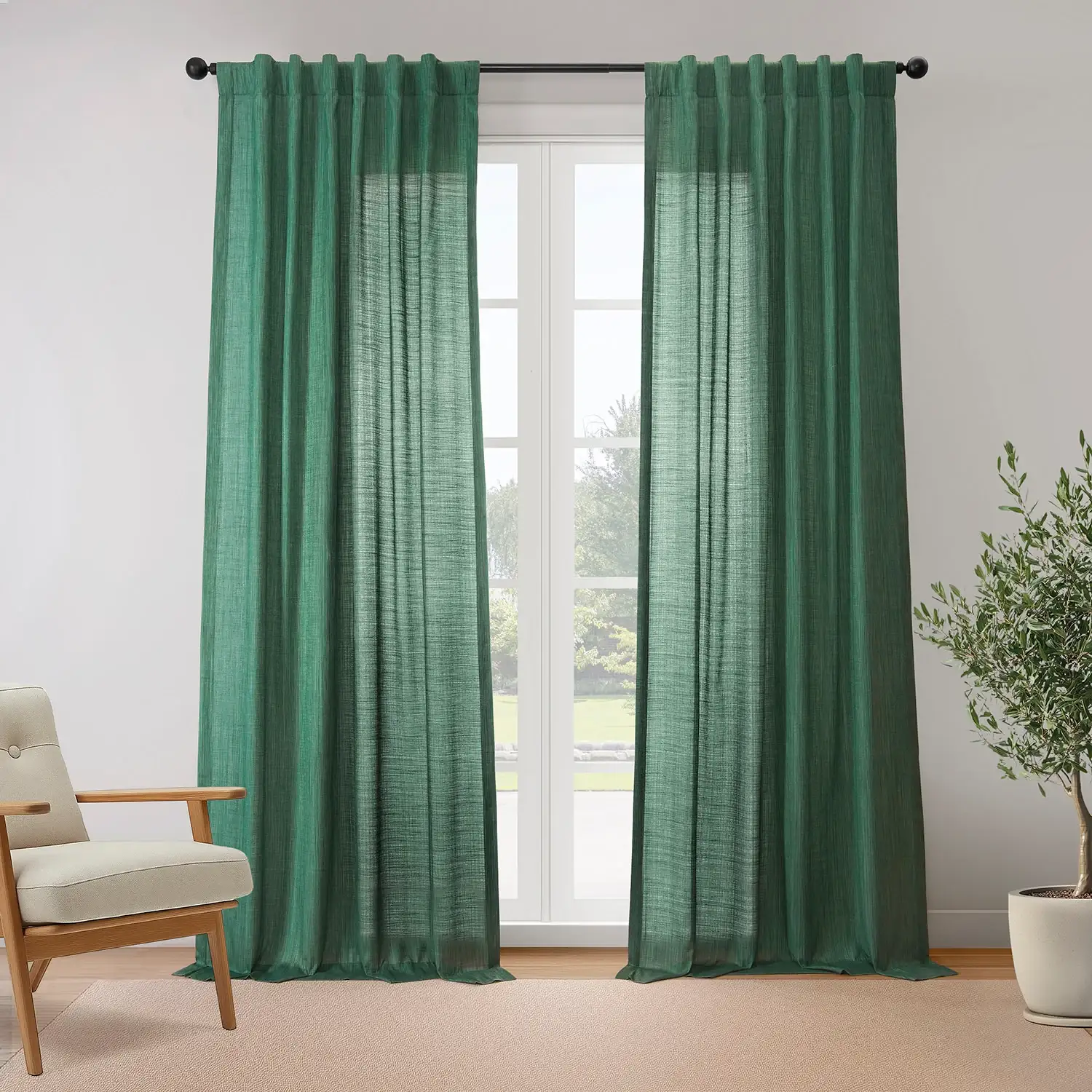 Dark Green Rustic Linen Weave Semi-Sheer Curtain Pair (2 Panels)