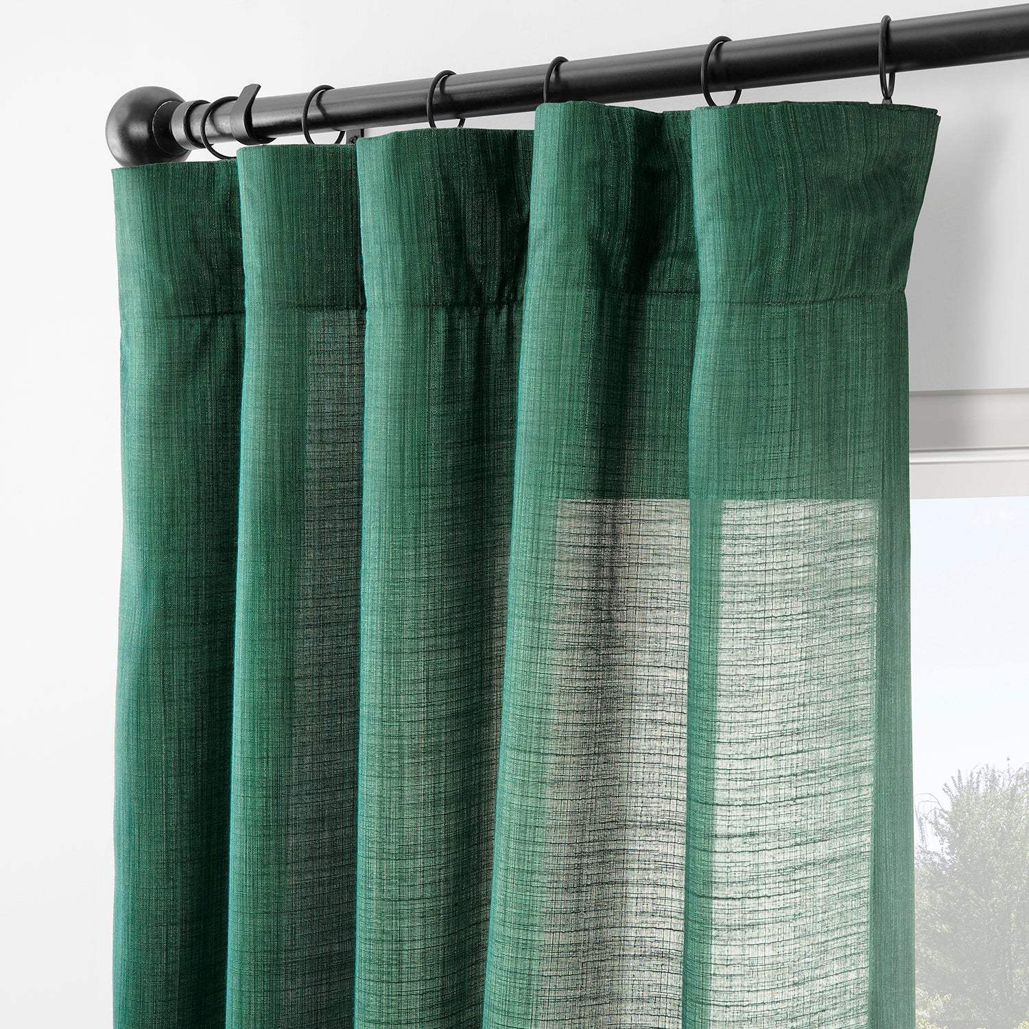 Dark Green Rustic Linen Weave Semi-Sheer Curtain Pair (2 Panels) - Image 2