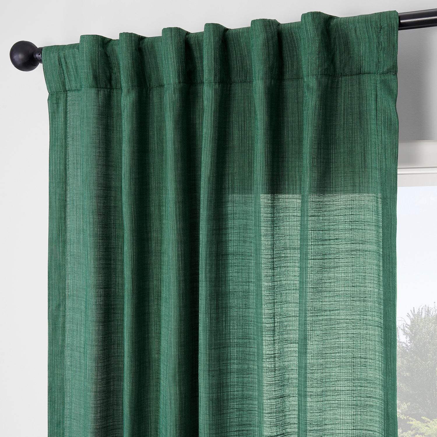 Dark Green Rustic Linen Weave Semi-Sheer Curtain Pair (2 Panels) - Image 3