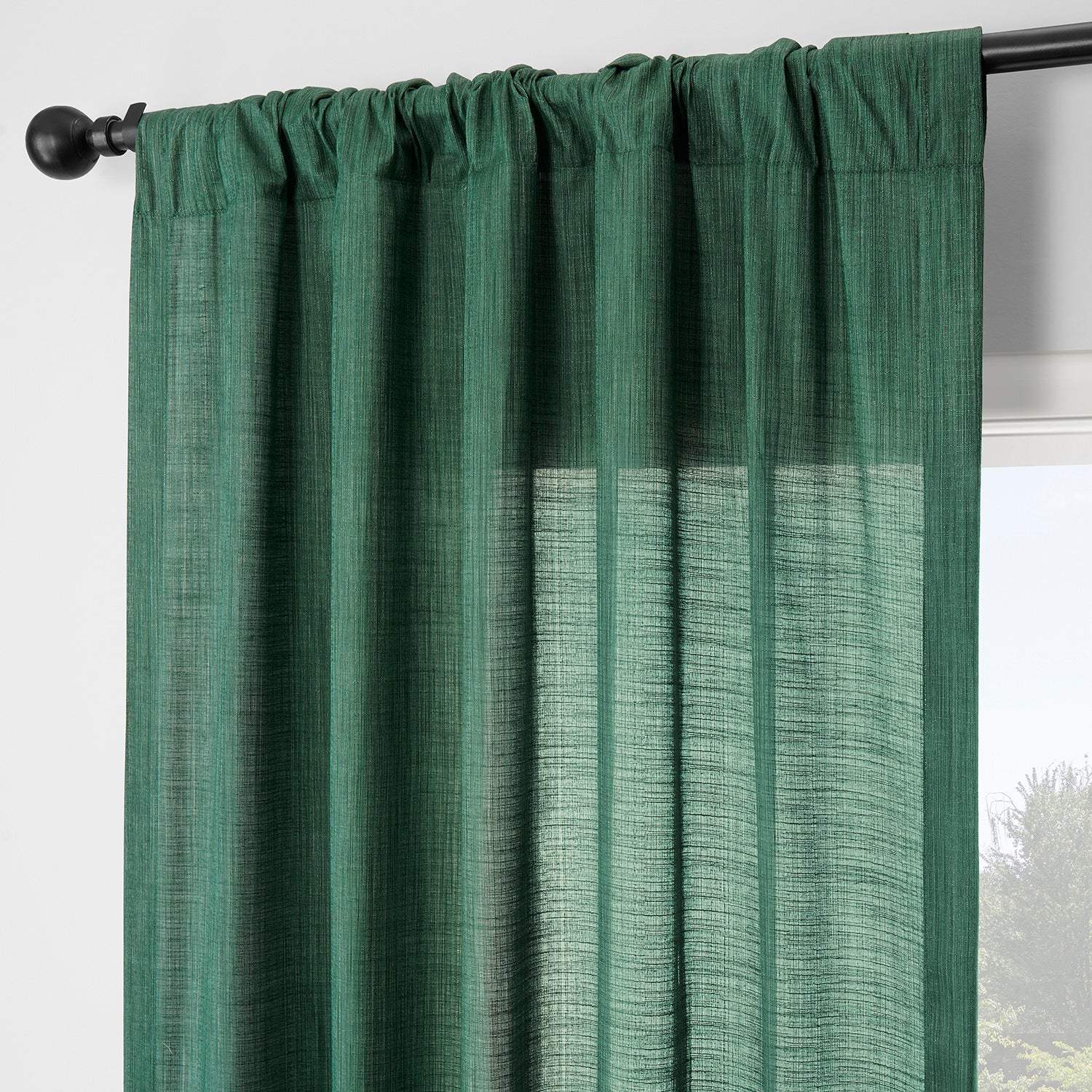 Dark Green Rustic Linen Weave Semi-Sheer Curtain Pair (2 Panels) - Image 4