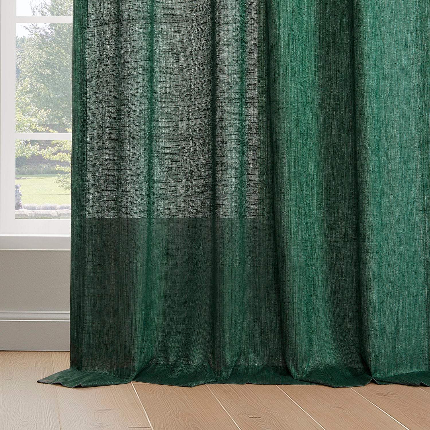 Dark Green Rustic Linen Weave Semi-Sheer Curtain Pair (2 Panels) - Image 6