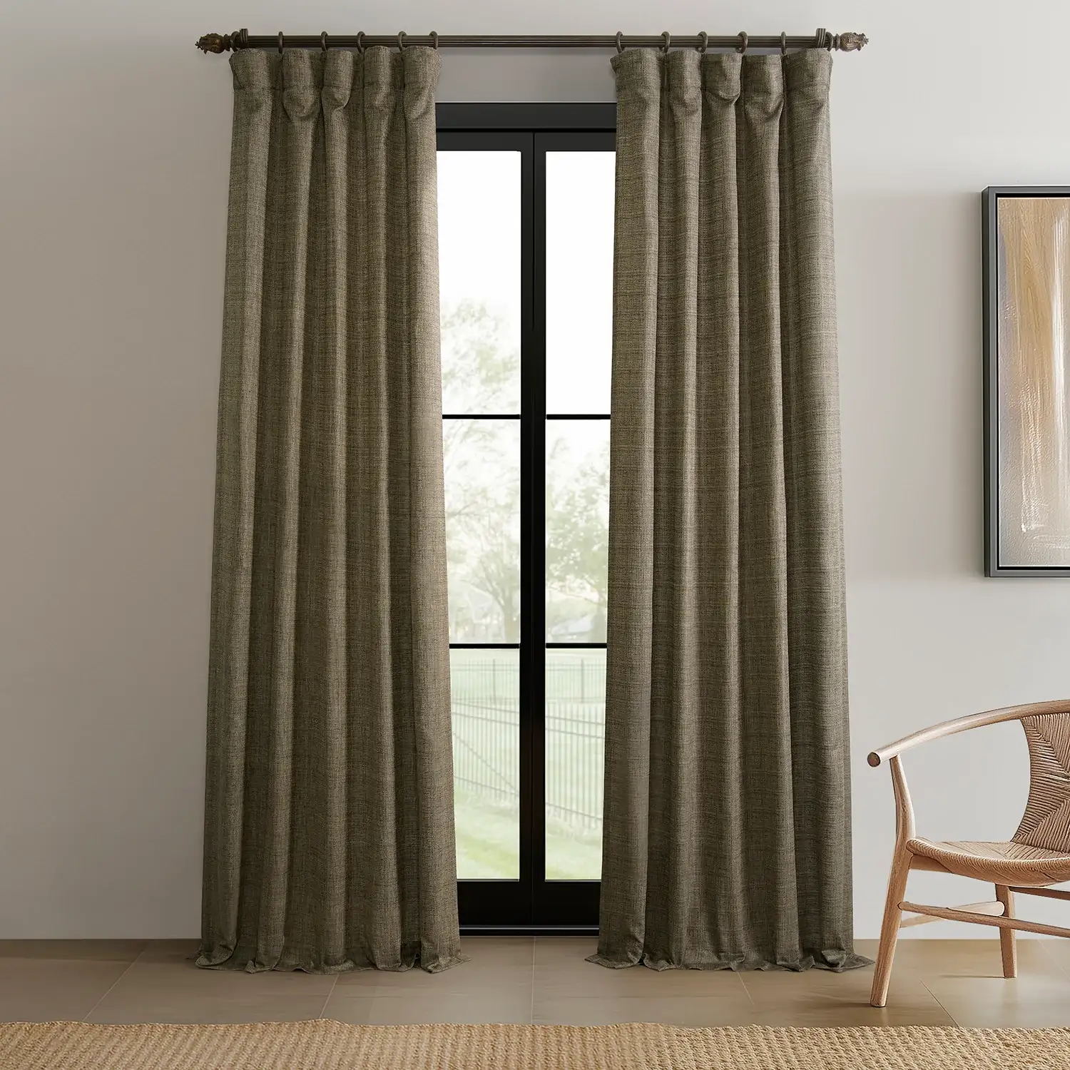Dark Grey Raw Linen Weave Semi-Sheer Curtain Pair (2 Panels)