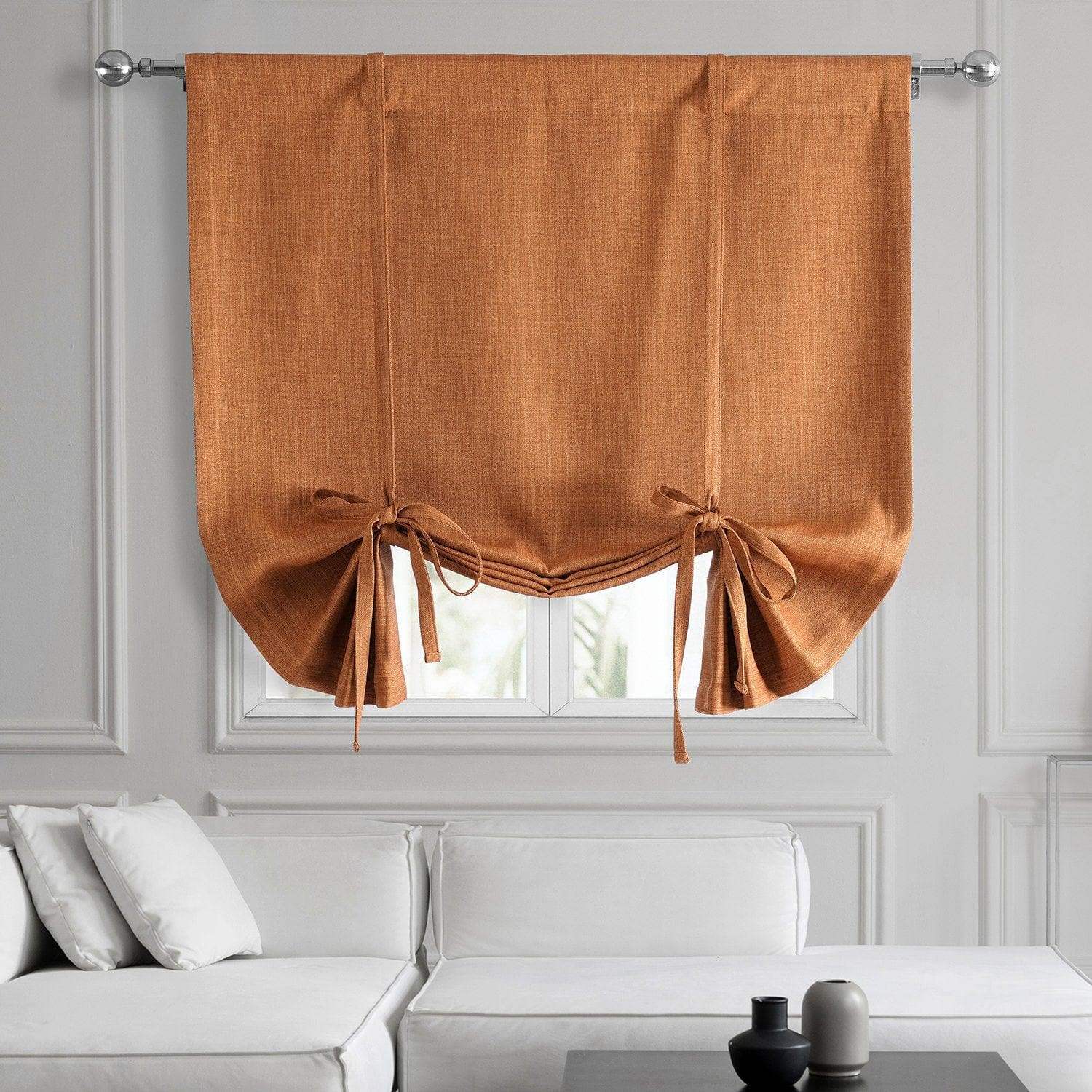 Desert Orange Textured Faux Linen Room Darkening Tie-Up Window Shade