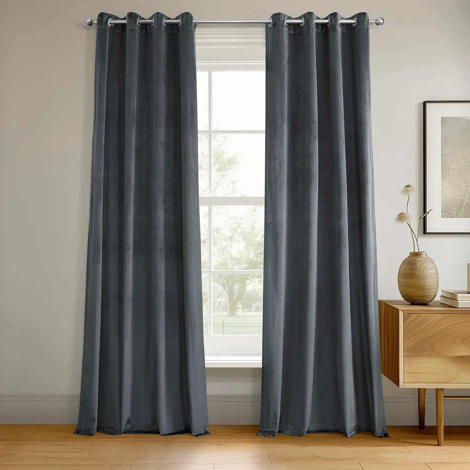 Distance Blue Grey Grommet Signature Velvet Blackout Curtain