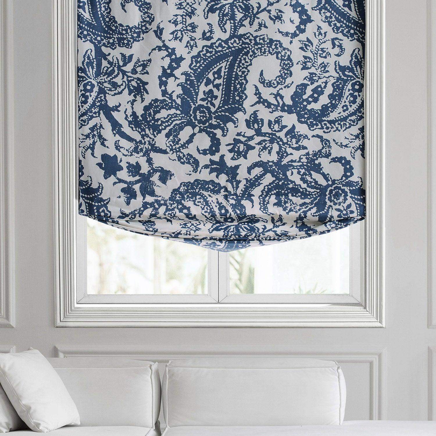 Edina Washed Blue Paisley Printed Cotton Roman Shade - Image 2