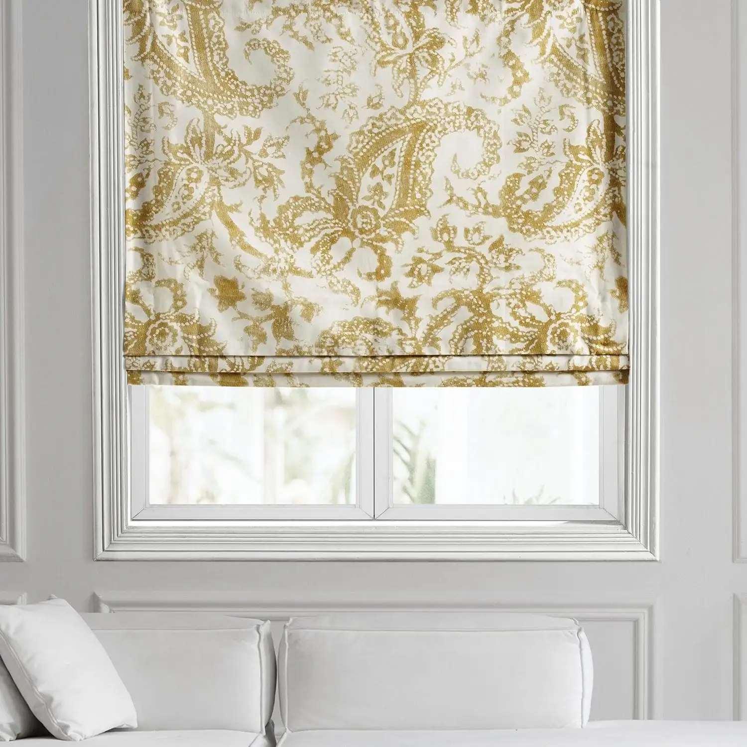 Edina Washed Mustard Paisley Printed Cotton Roman Shade