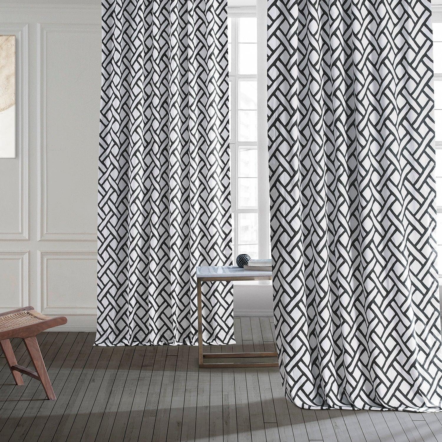 Garden Path Black Geometric Printed Cotton Room Darkening Curtain - Image 6