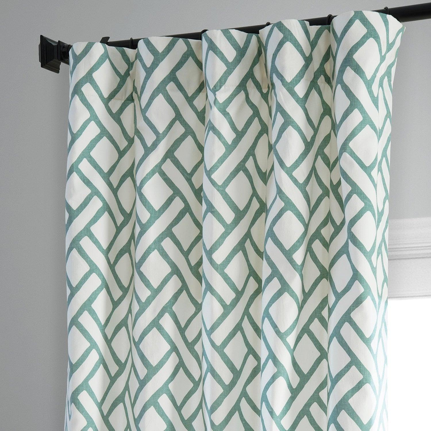 Garden Path Slate Blue Geometric Printed Cotton Room Darkening Curtain - Image 2
