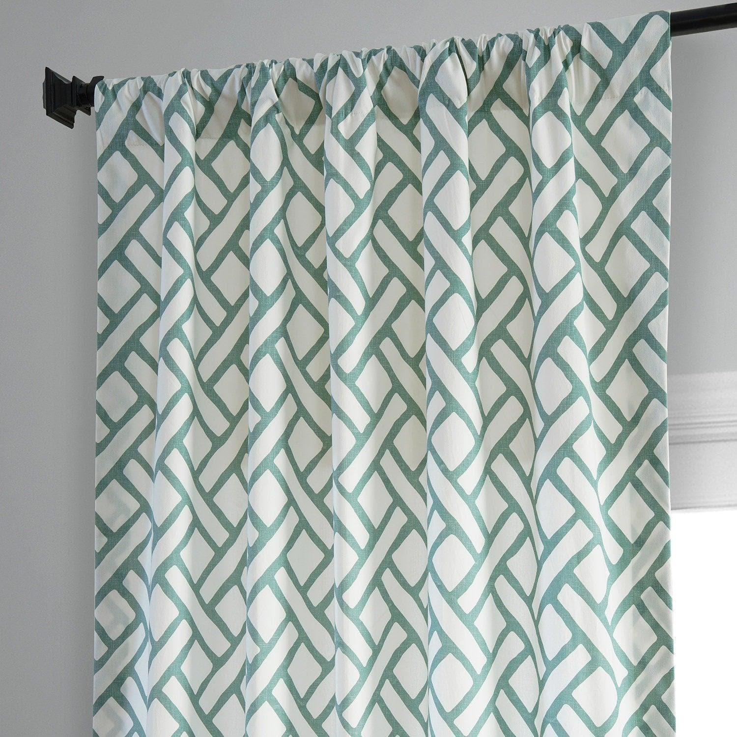 Garden Path Slate Blue Geometric Printed Cotton Room Darkening Curtain - Image 4