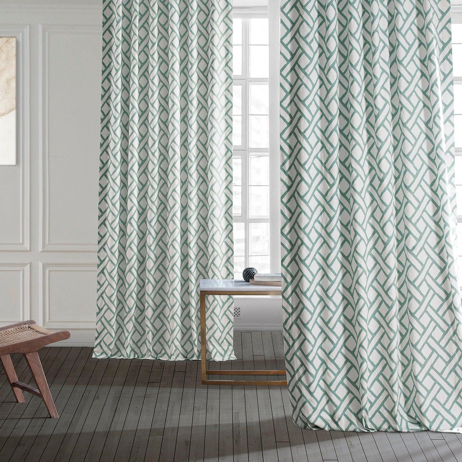 Garden Path Slate Blue Geometric Printed Cotton Room Darkening Curtain - Image 6