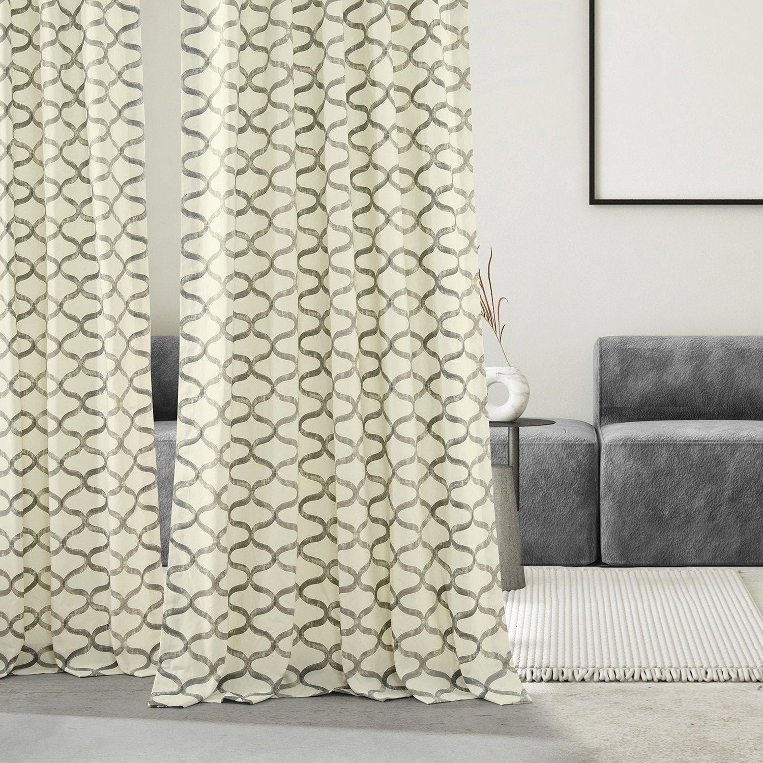 Illusions Silver Grey Geometric Grommet Printed Cotton Room Darkening Curtain - Image 6