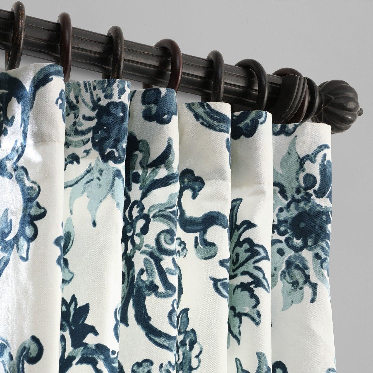 Indonesian Blue Floral Printed Cotton Room Darkening Curtain - Image 2