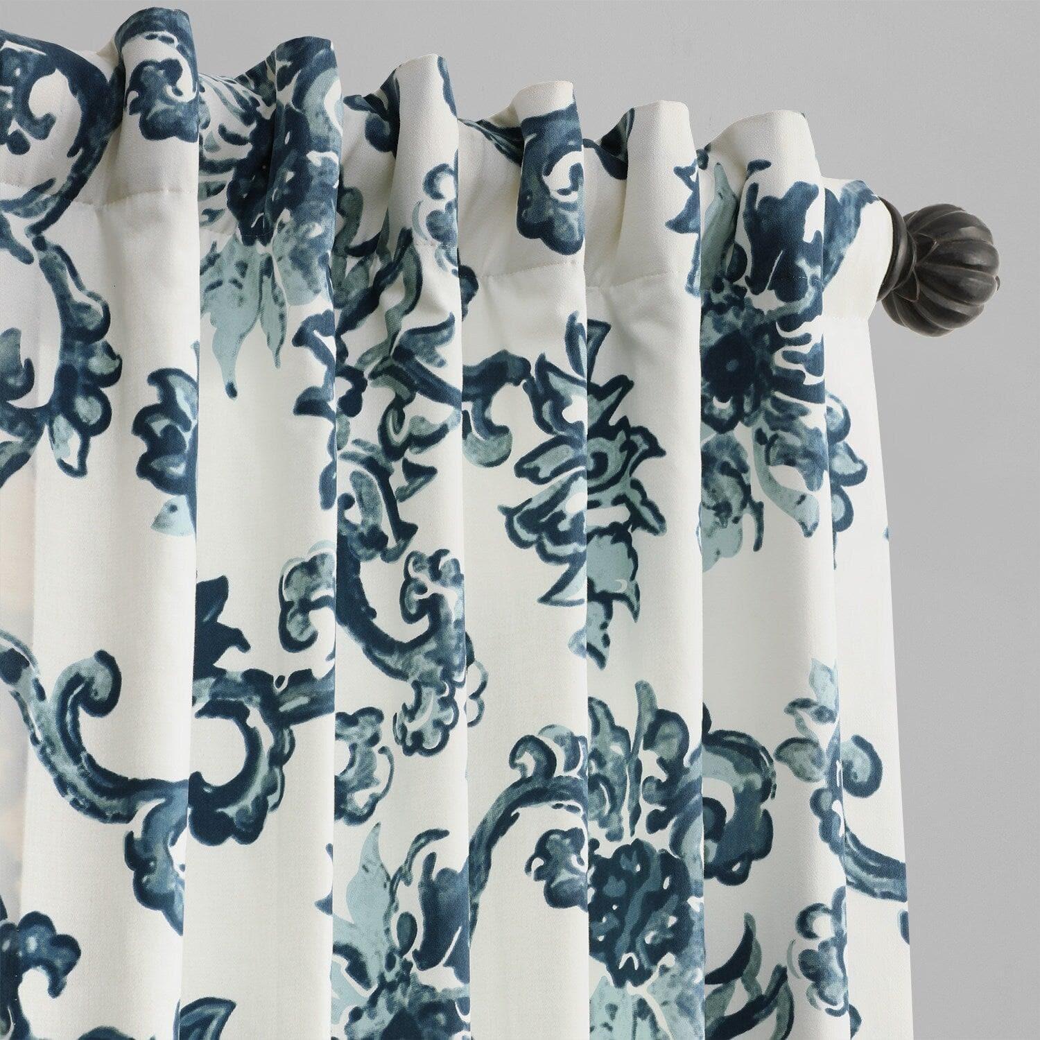 Indonesian Blue Floral Printed Cotton Room Darkening Curtain - Image 3