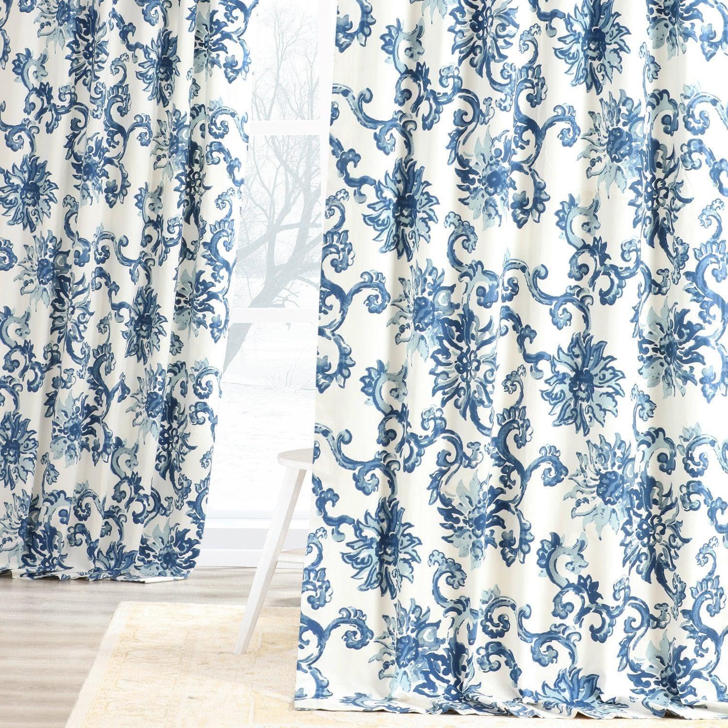 Indonesian Blue Floral Printed Cotton Room Darkening Curtain - Image 6