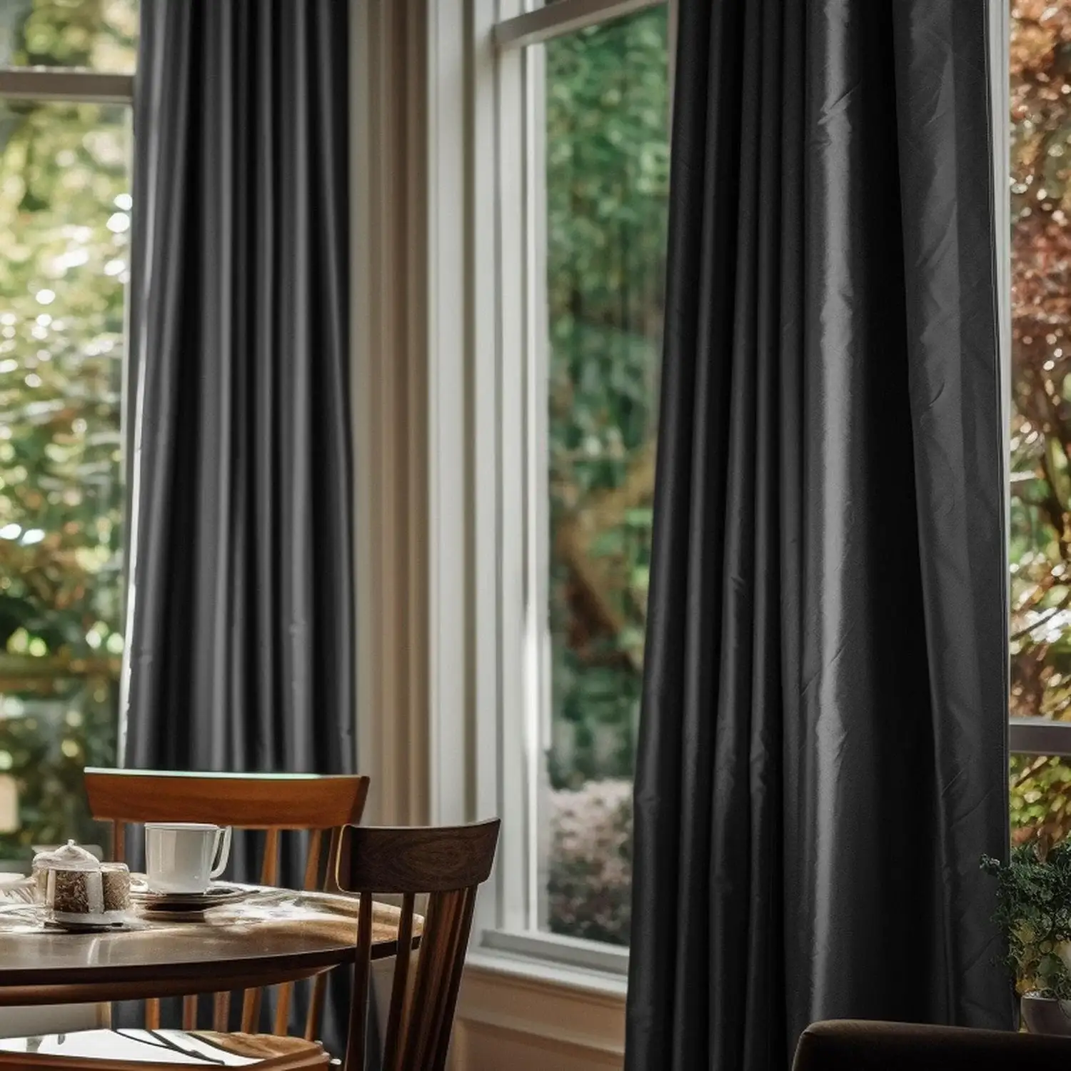 Jet Black Solid Faux Silk Taffeta Custom Curtain