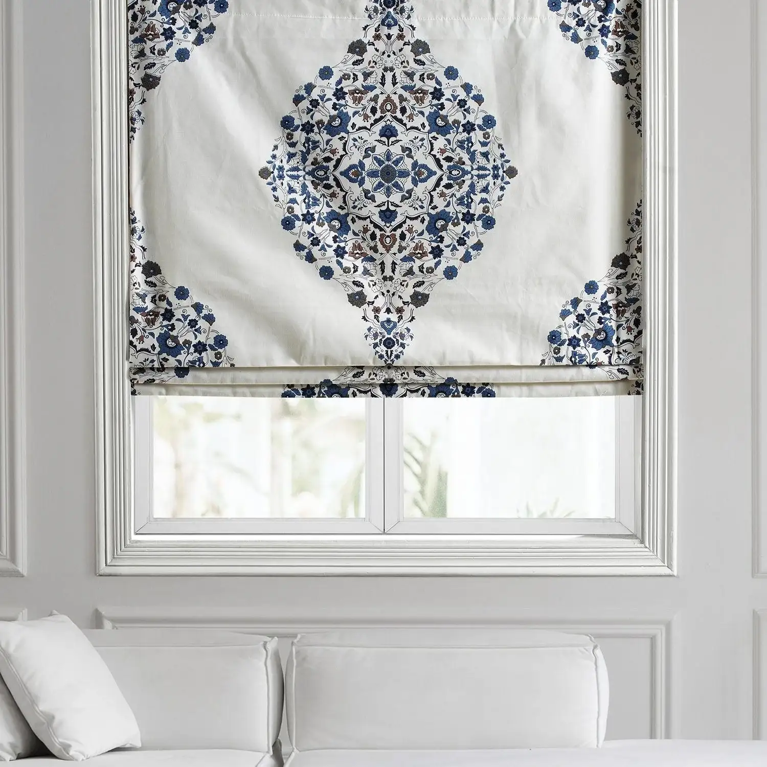 Kerala Blue Emblem Printed Cotton Roman Shade