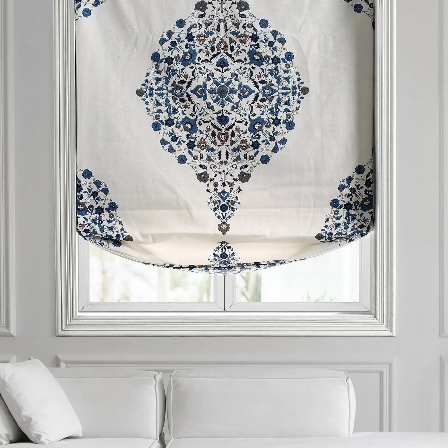 Kerala Blue Emblem Printed Cotton Roman Shade - Image 2