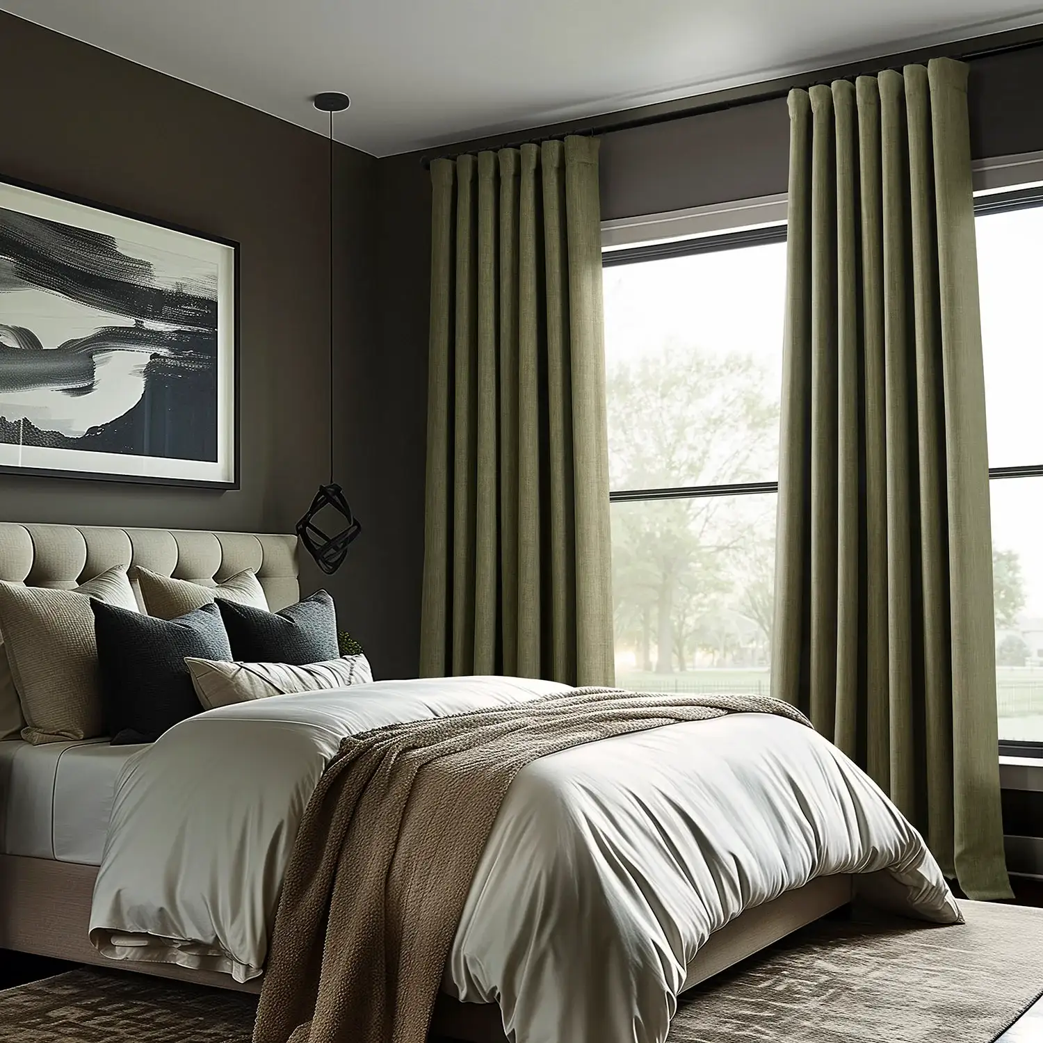 Khaki Green Textured Faux Linen Custom Curtain