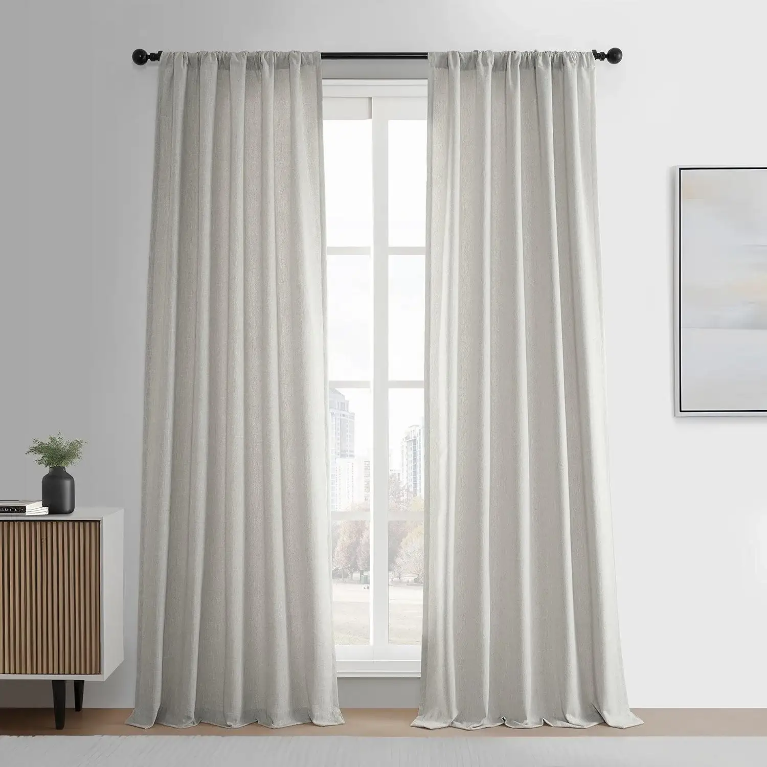 Light Sand Simply Faux Linen Semi-Sheer Curtain Pair (2 Panels)