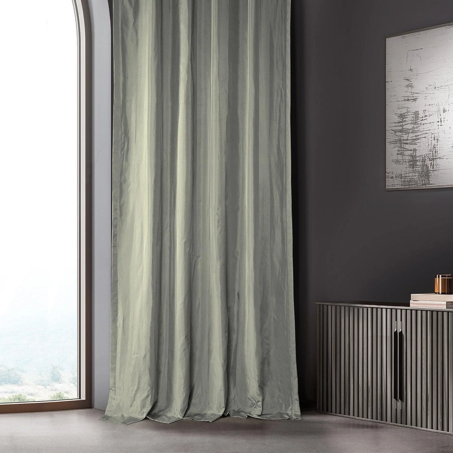 Mallur Taupe Grey Striped Silk Room Darkening Curtain - Image 6