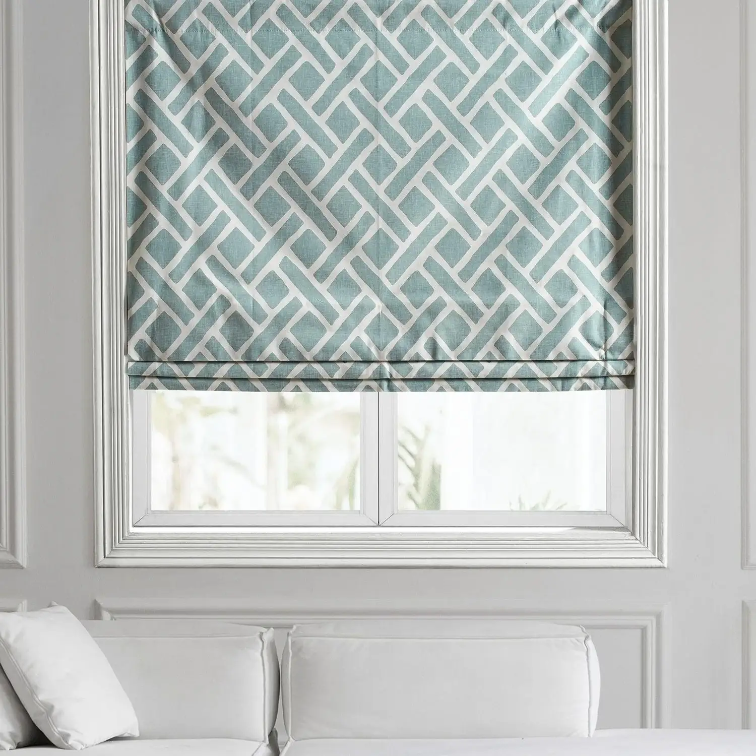 Martinique Aqua Geometric Printed Cotton Roman Shade