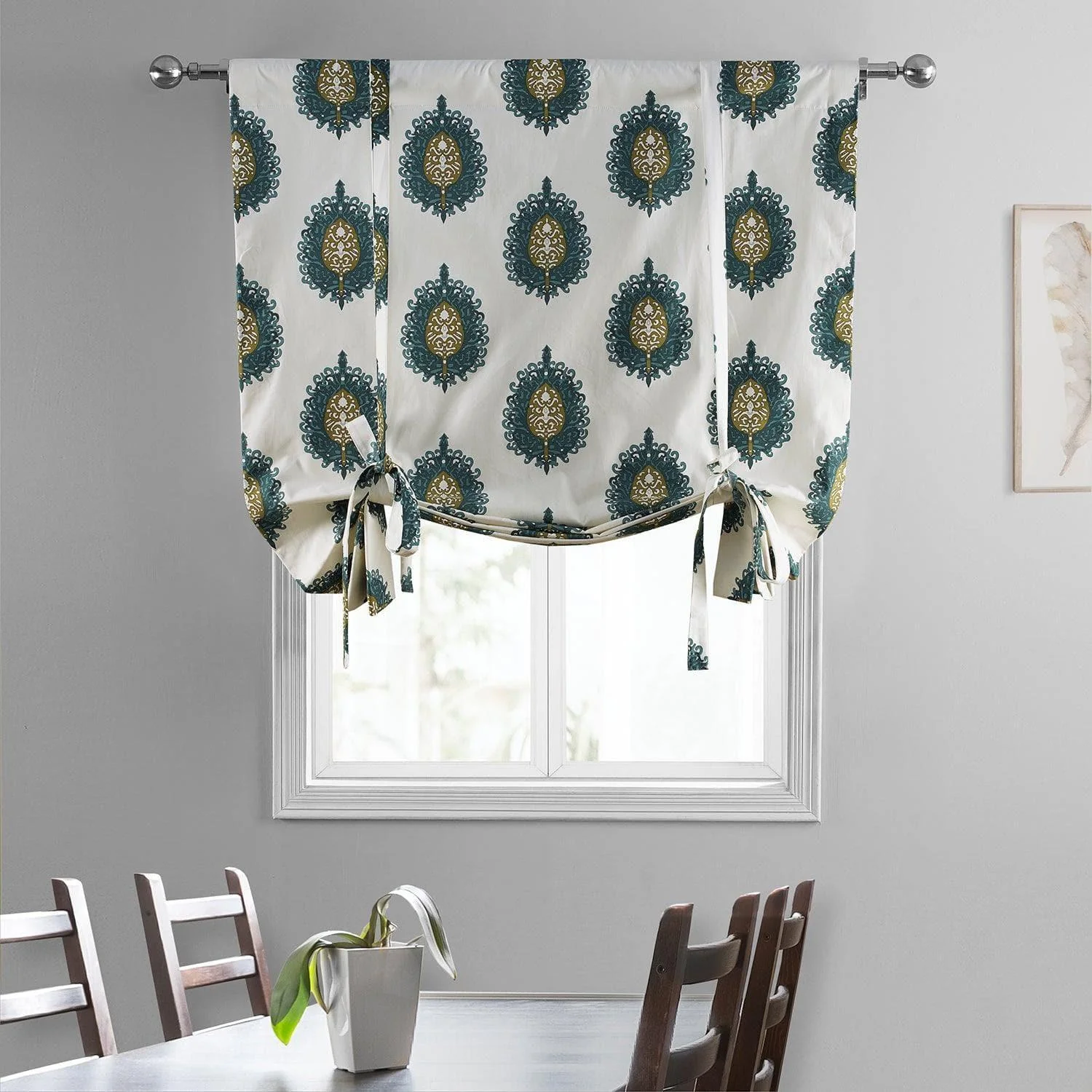 Mayan Teal Emblem Printed Cotton Room Darkening Tie-Up Window Shade