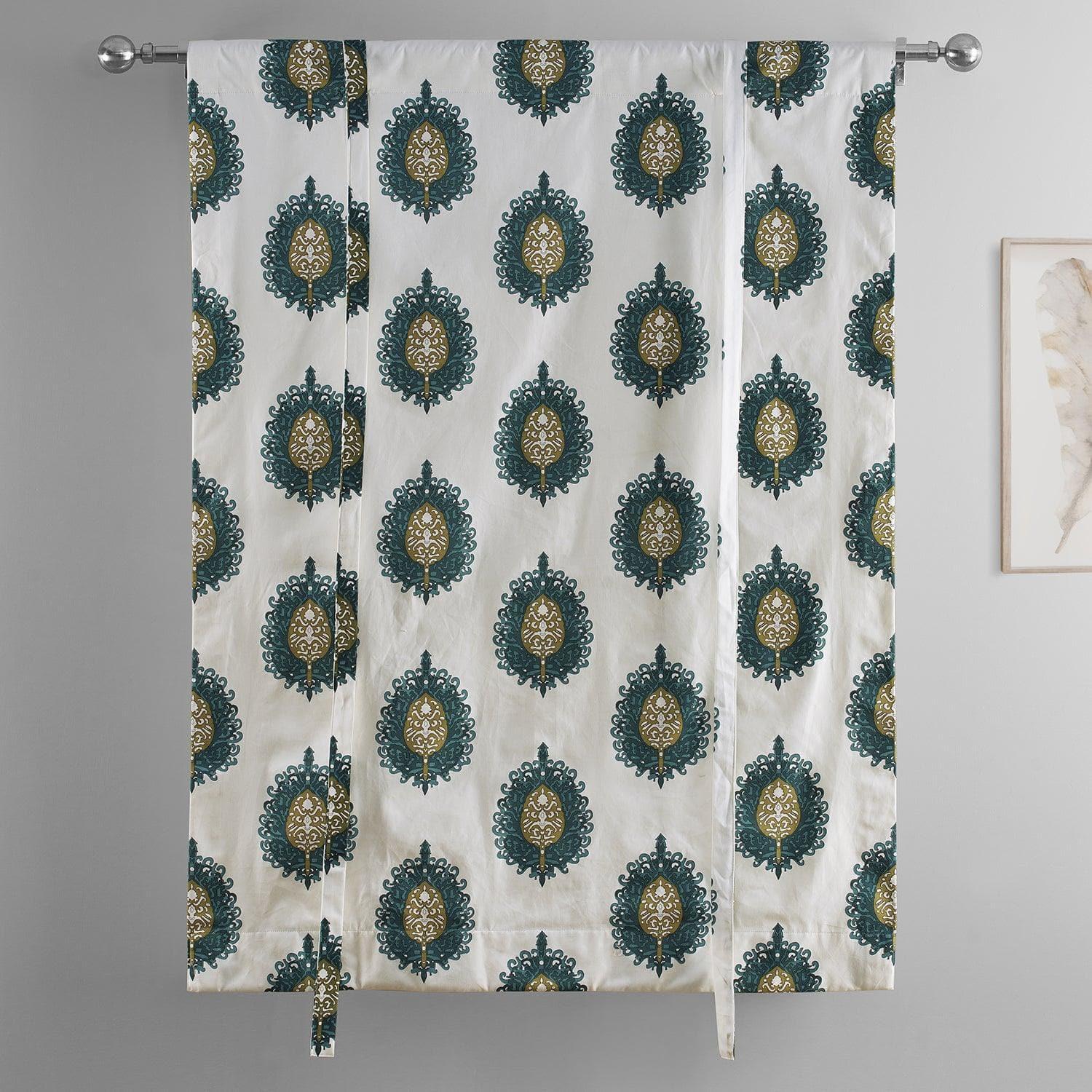 Mayan Teal Emblem Printed Cotton Room Darkening Tie-Up Window Shade - Image 4
