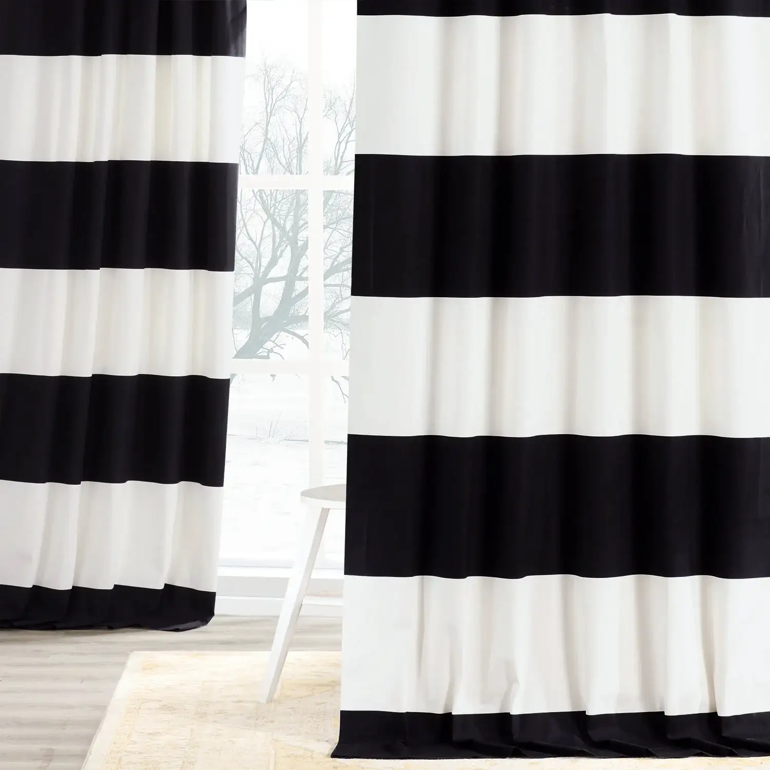 Onyx Black & Off White Striped Printed Cotton Custom Curtain - Image 3
