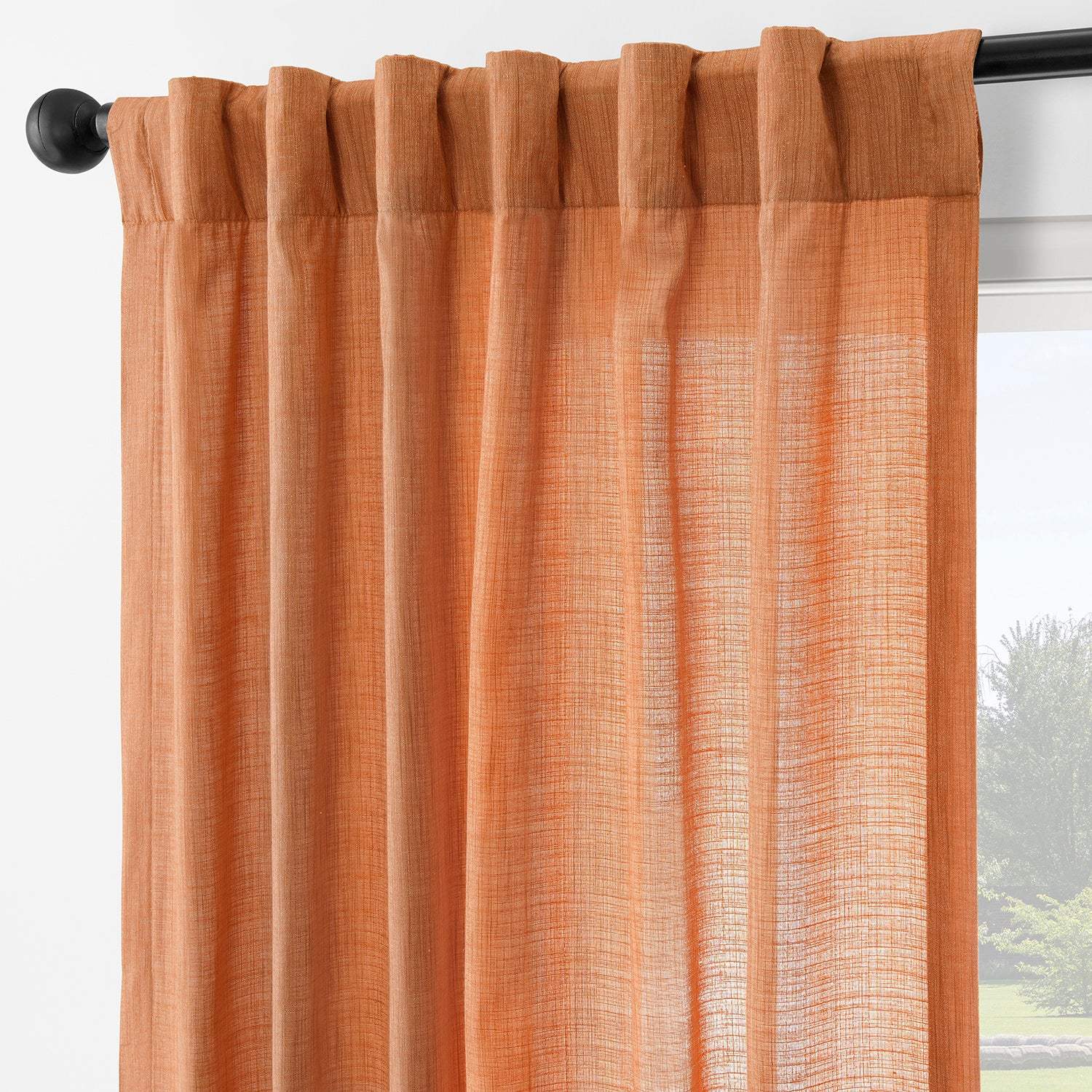 Orange Rustic Linen Weave Semi-Sheer Curtain Pair (2 Panels) - Image 3