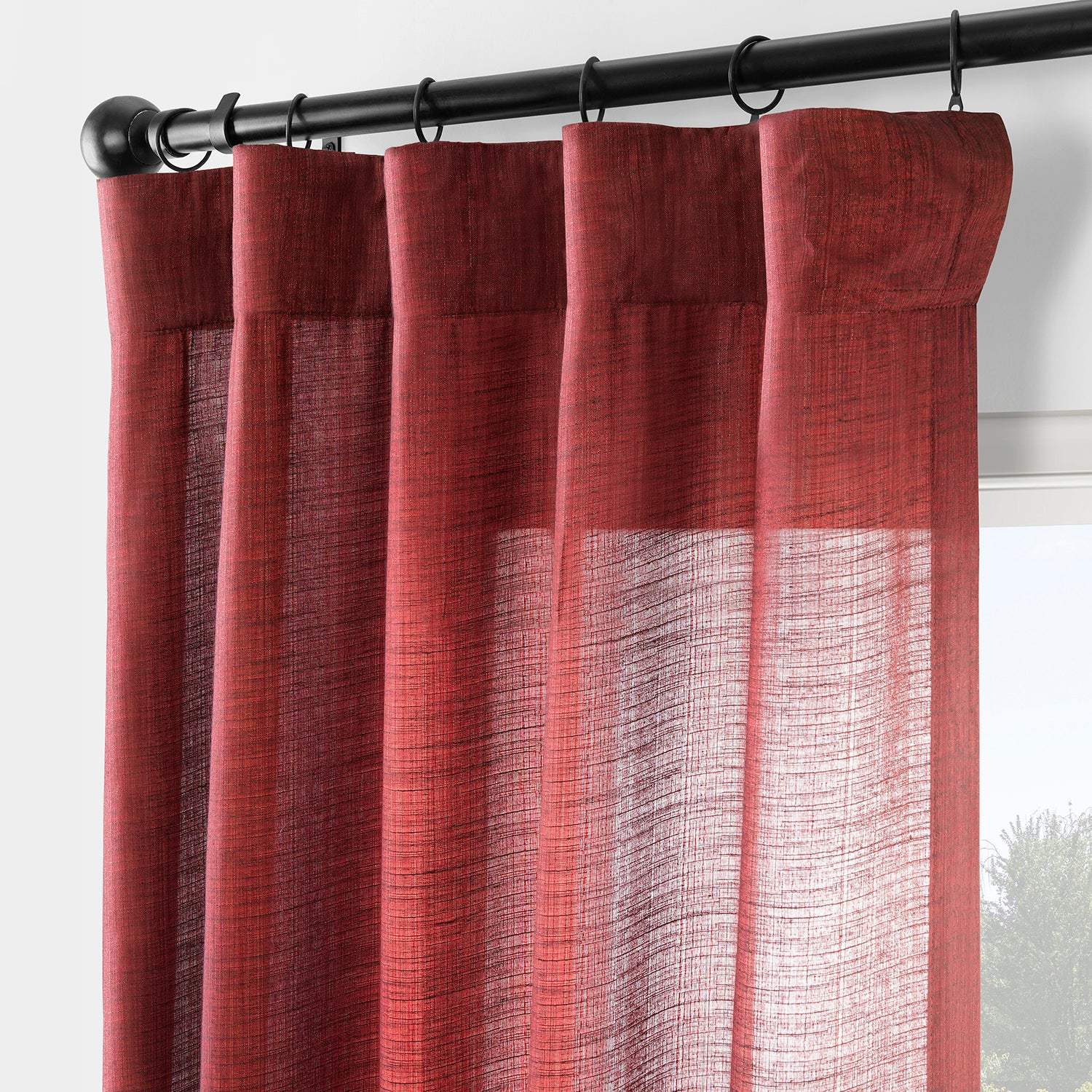 Red Rustic Linen Weave Semi-Sheer Curtain Pair (2 Panels) - Image 2
