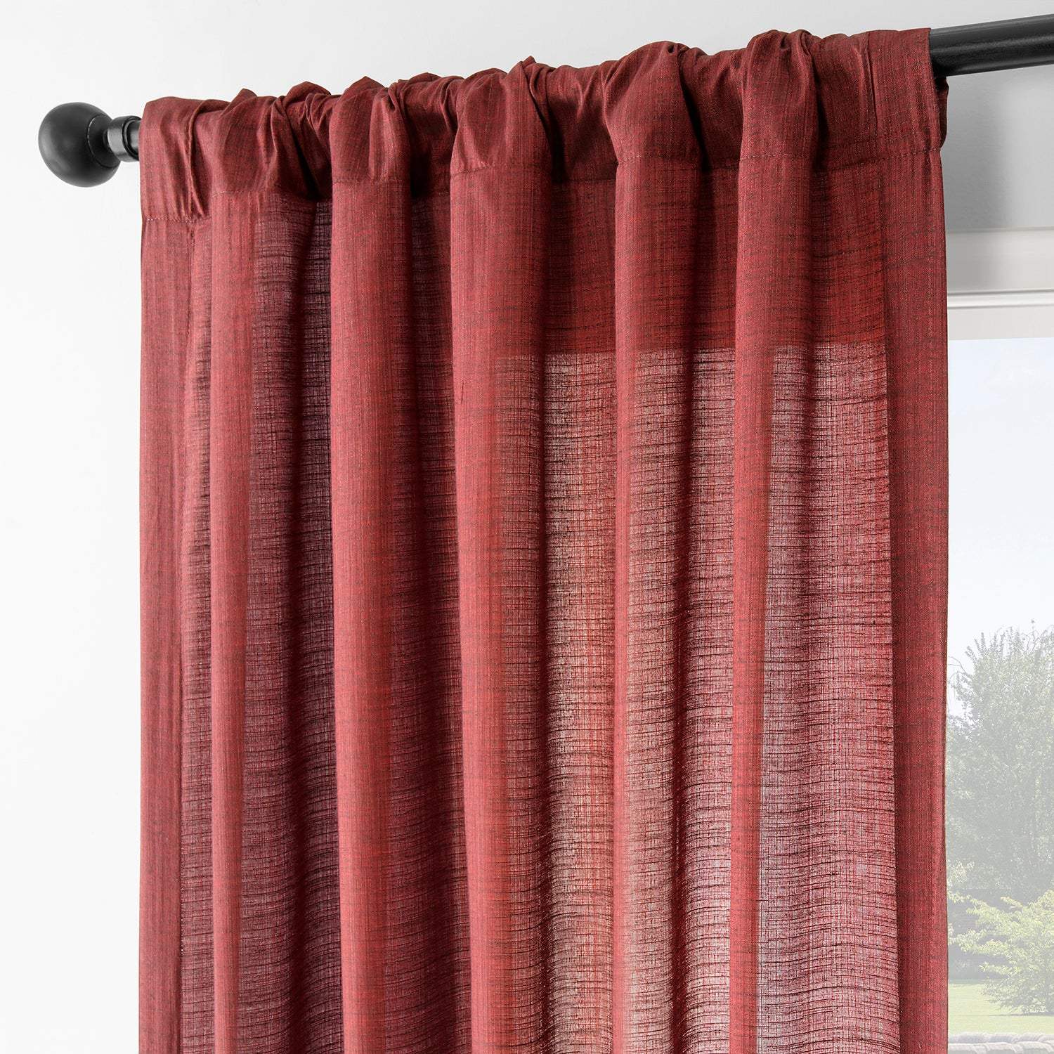 Red Rustic Linen Weave Semi-Sheer Curtain Pair (2 Panels) - Image 4