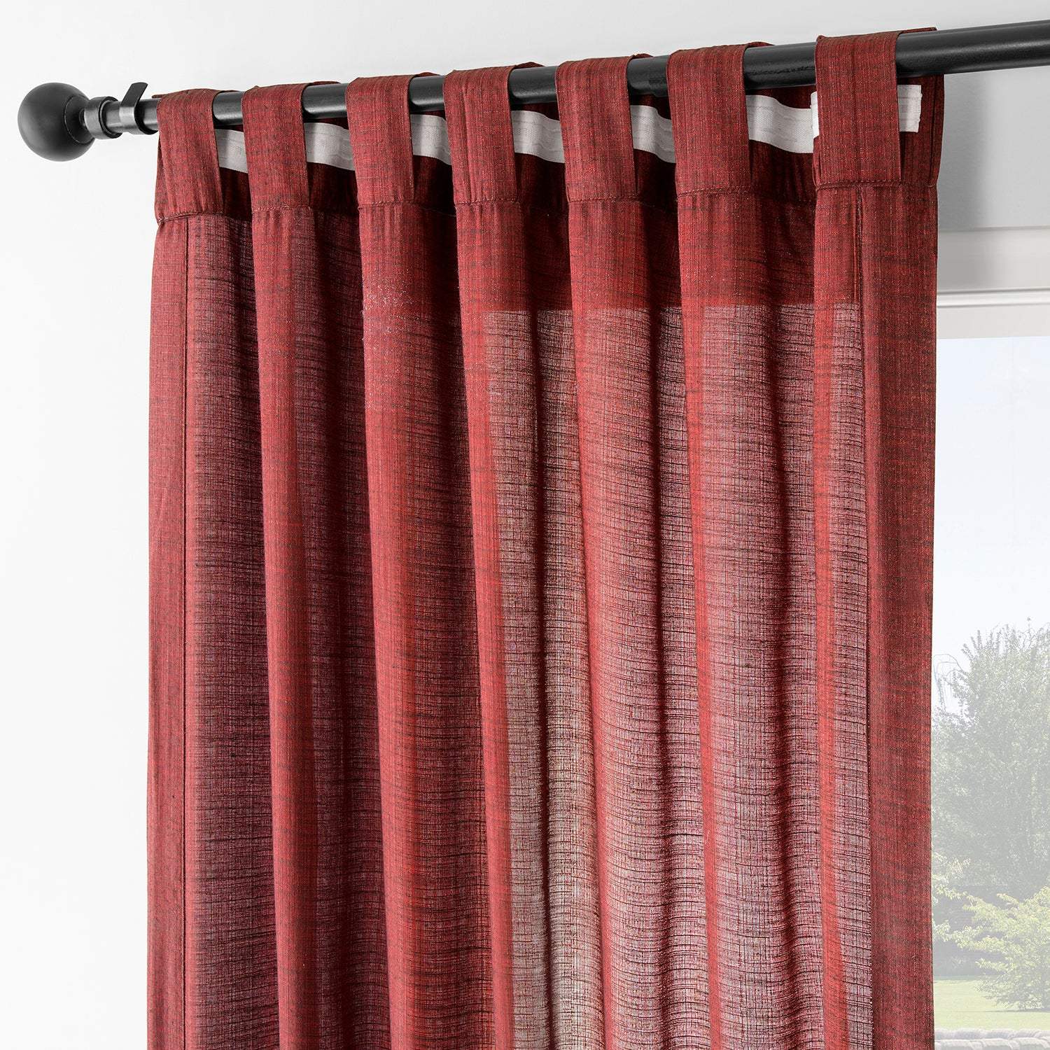 Red Rustic Linen Weave Semi-Sheer Curtain Pair (2 Panels) - Image 5