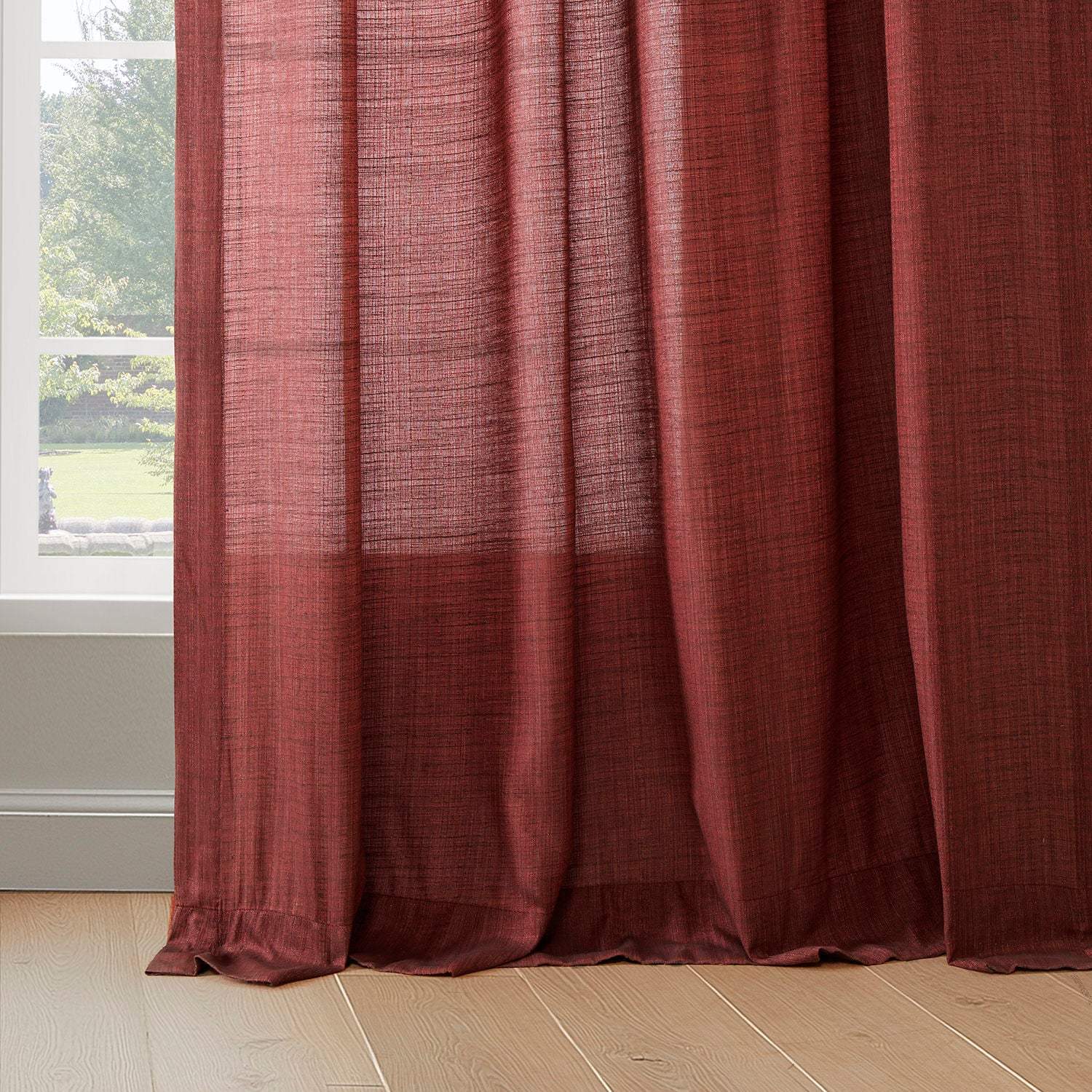 Red Rustic Linen Weave Semi-Sheer Curtain Pair (2 Panels) - Image 6