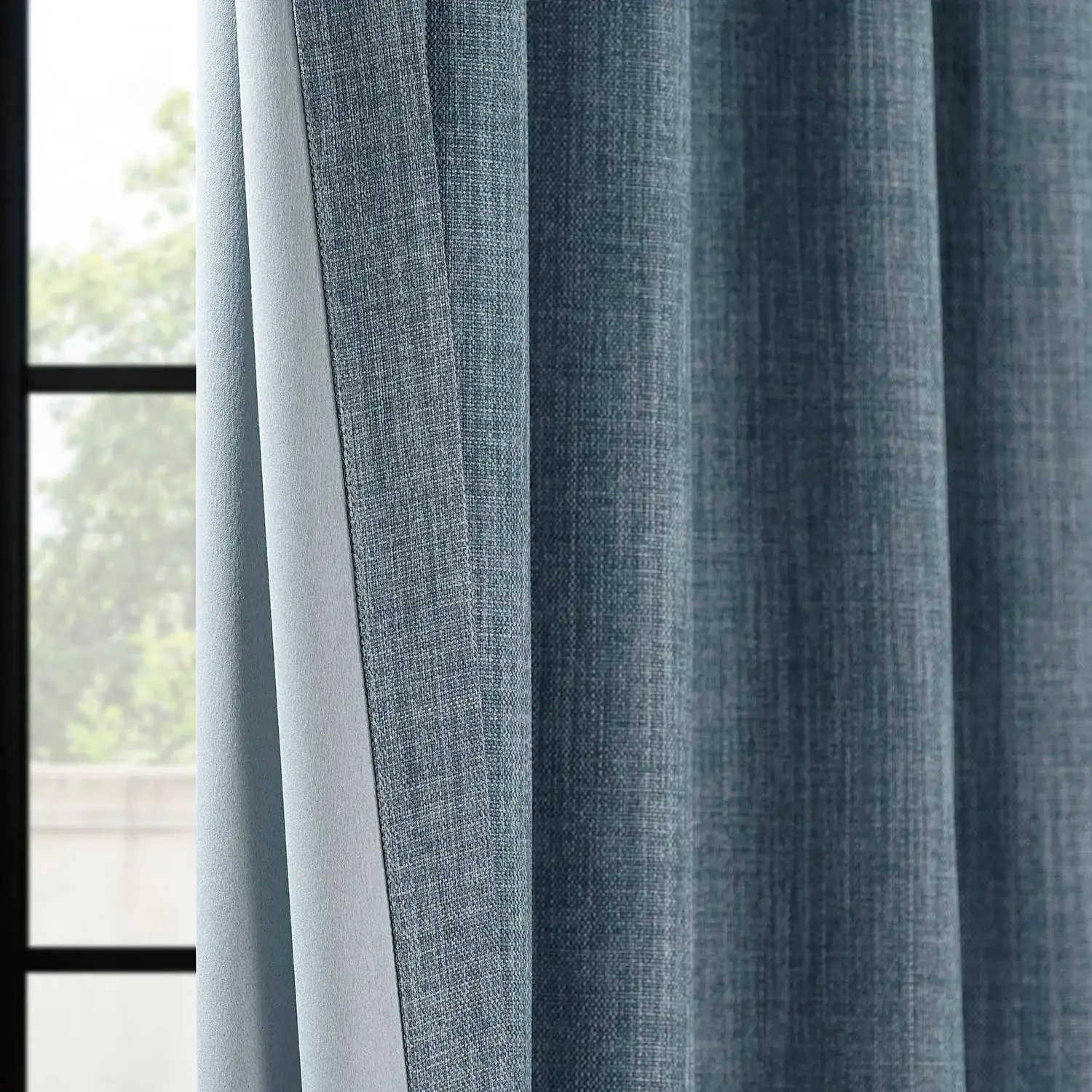 Reverie Blue Grommet Textured Faux Linen Room Darkening Curtain - Image 3