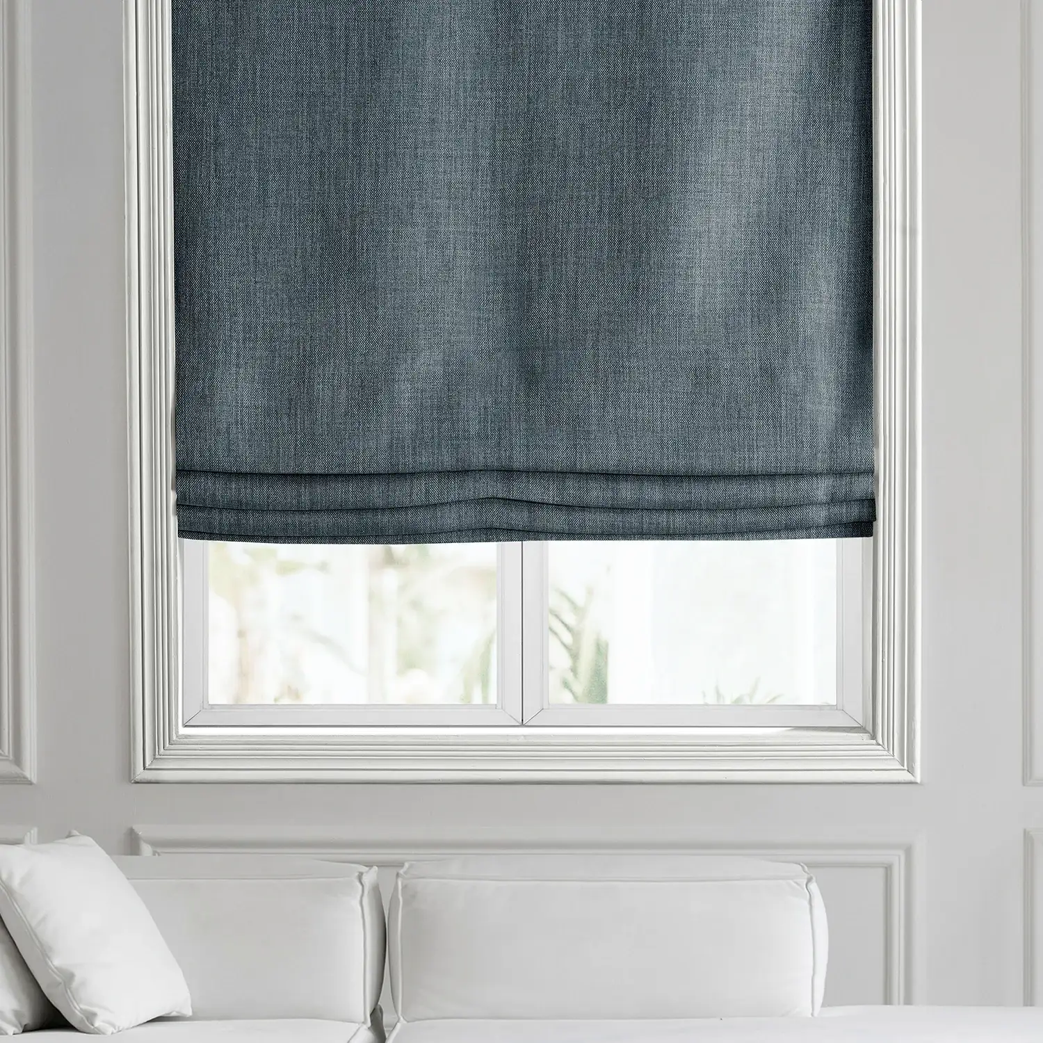 Reverie Blue Textured Faux Linen Roman Shade