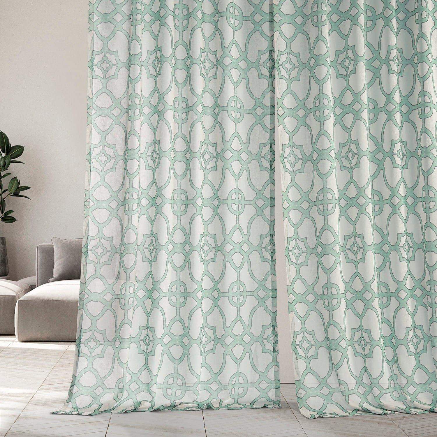 SeaGlass Blue Geometric Printed Sheer Custom Curtain