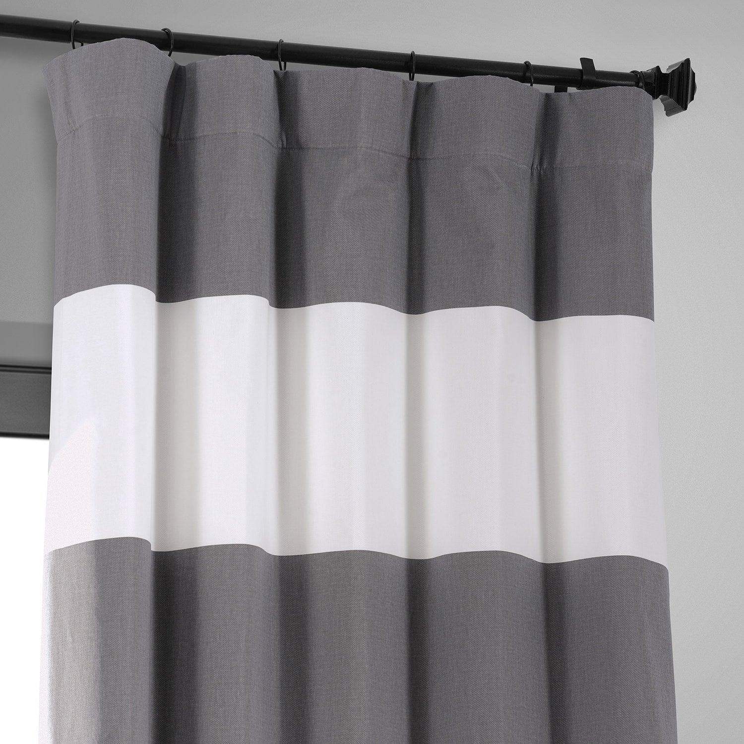 Slate Grey & Off White Horizontal Striped Printed Cotton Hotel Blackout Curtain - Image 2
