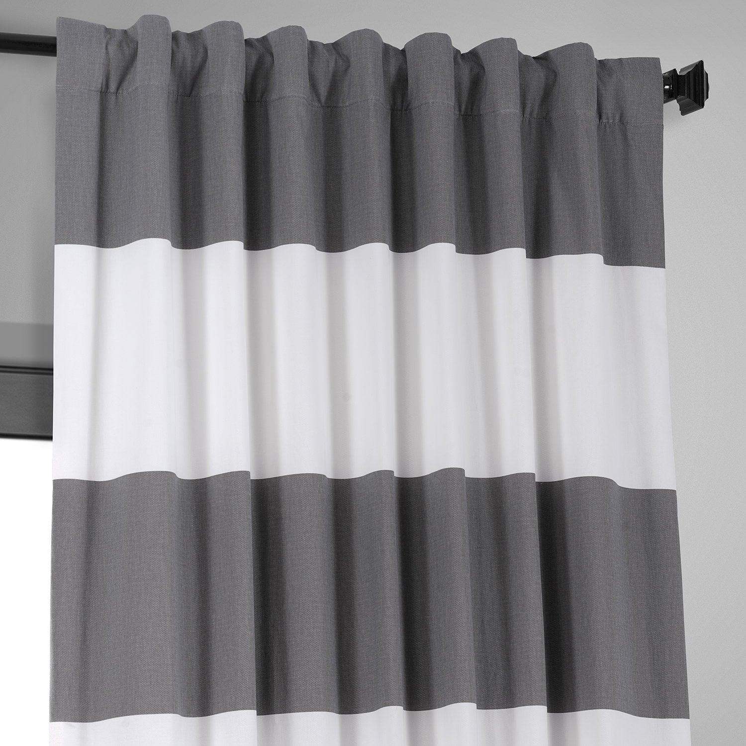 Slate Grey & Off White Horizontal Striped Printed Cotton Hotel Blackout Curtain - Image 3
