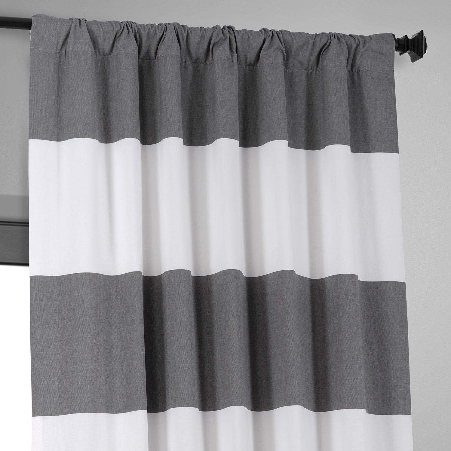 Slate Grey & Off White Horizontal Striped Printed Cotton Hotel Blackout Curtain - Image 4