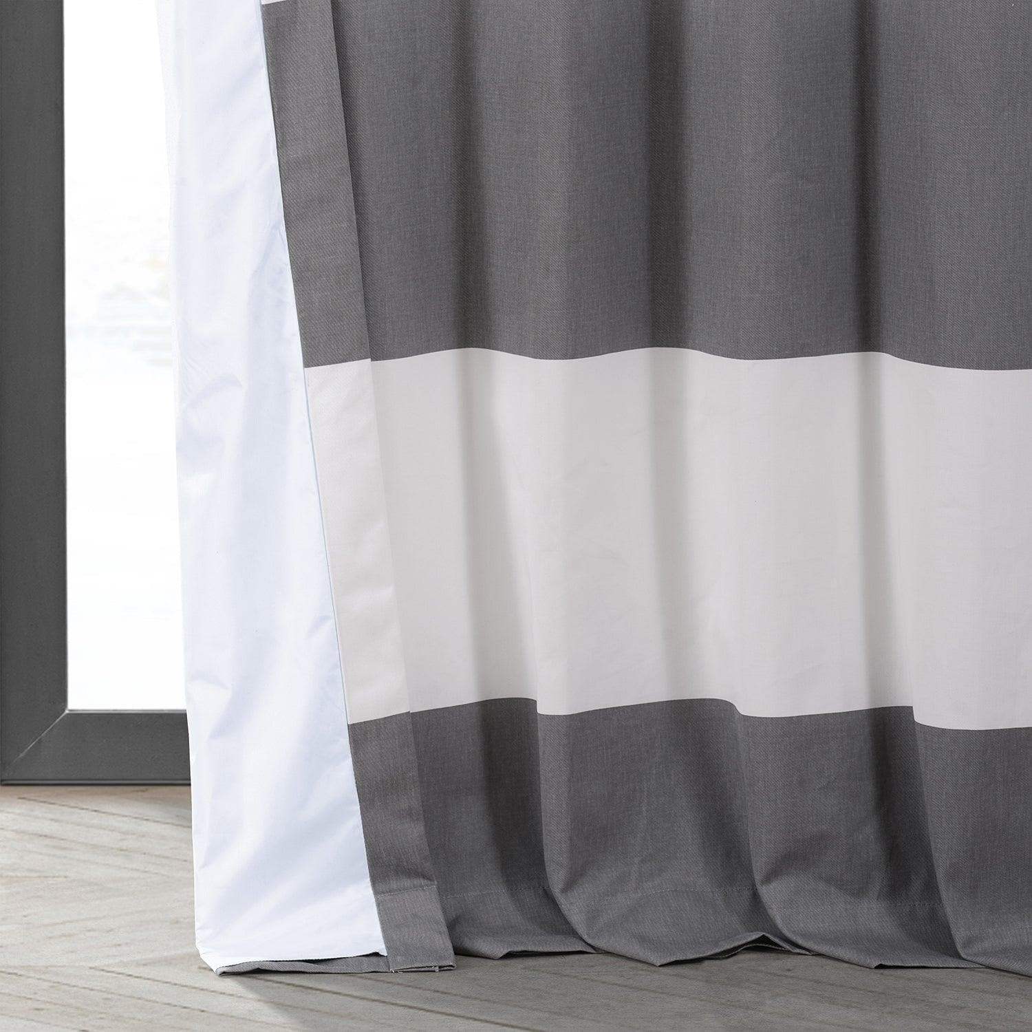 Slate Grey & Off White Horizontal Striped Printed Cotton Hotel Blackout Curtain - Image 5
