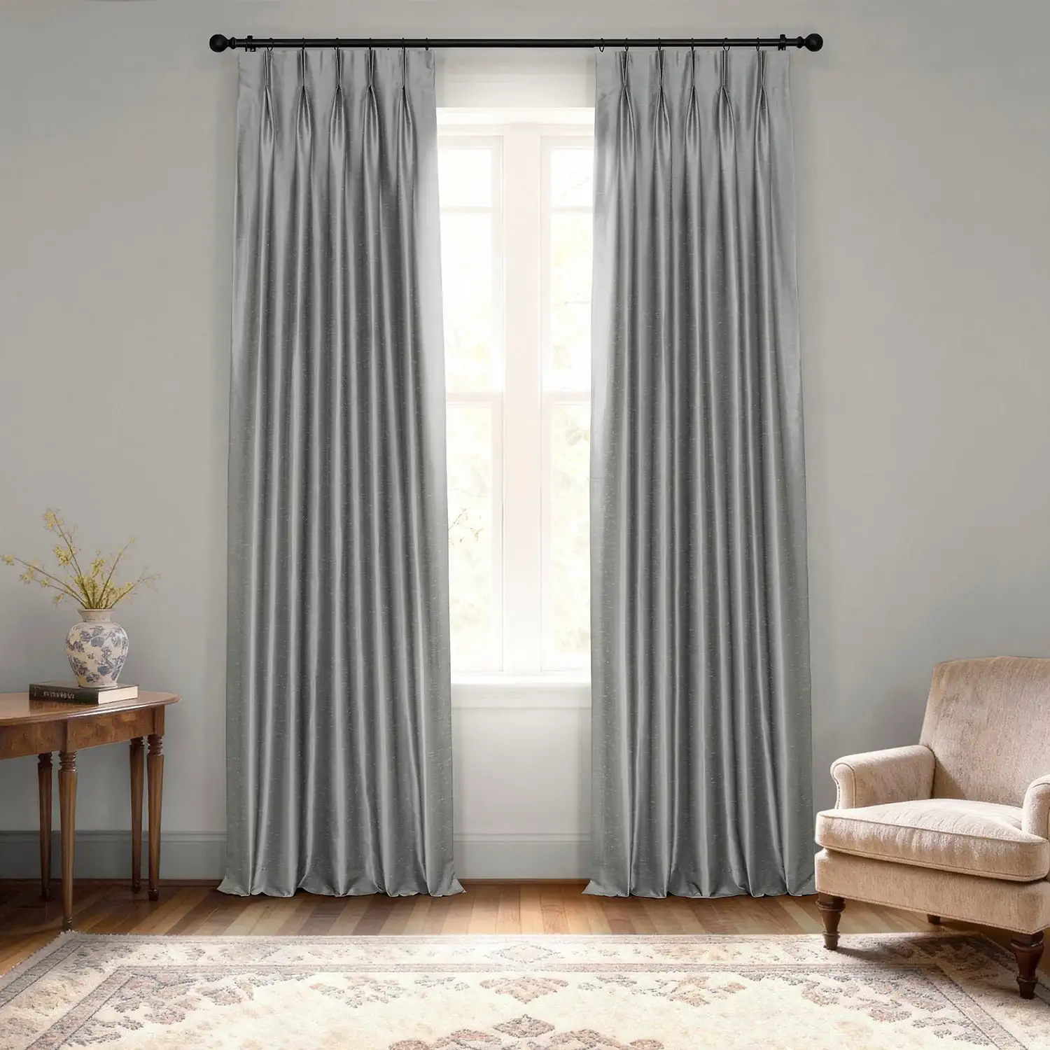 Storm Grey French Pleat Vintage Textured Faux Dupioni Silk Blackout Curtain