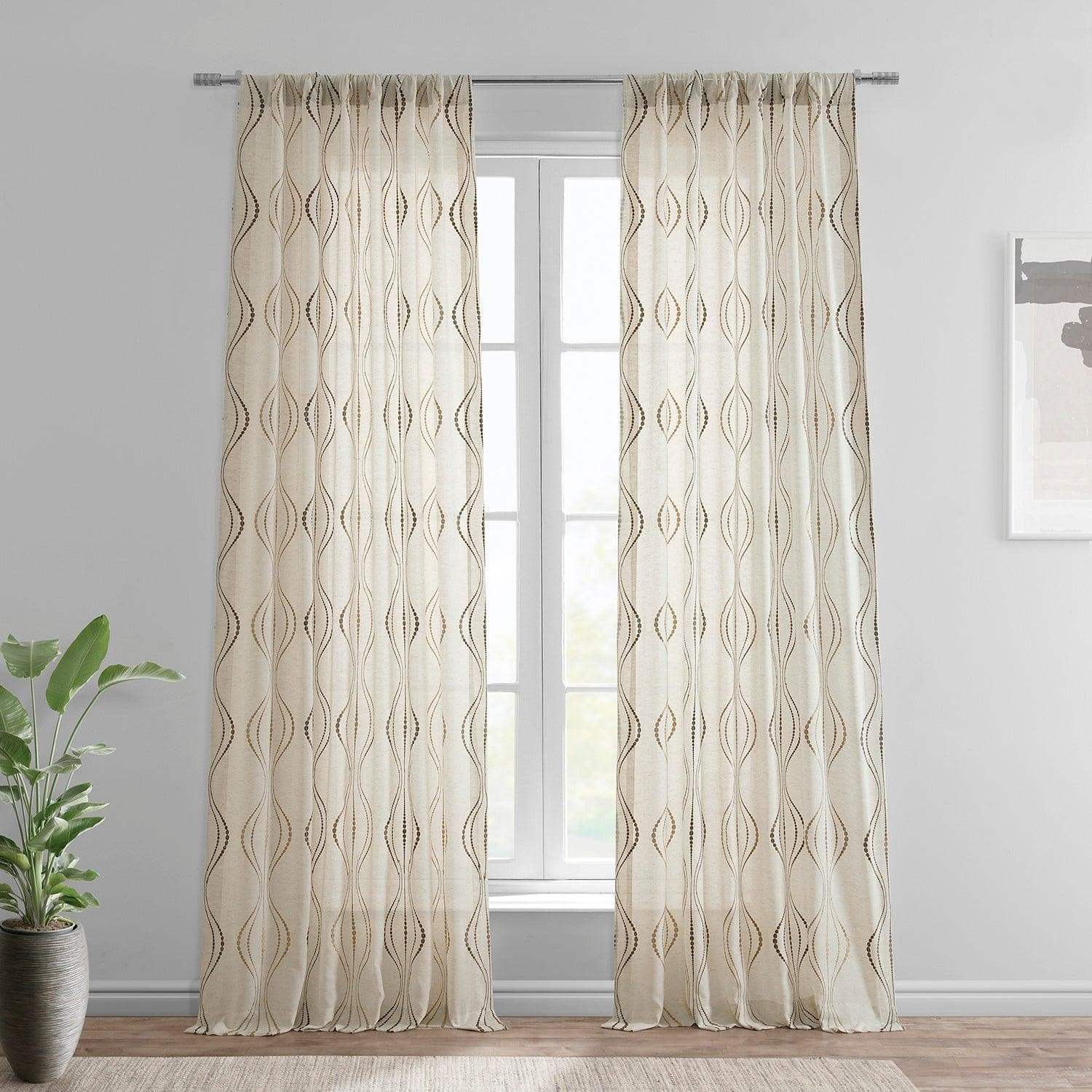 Suez Bronze Embroidered Striped Patterned Faux Linen Sheer Curtain