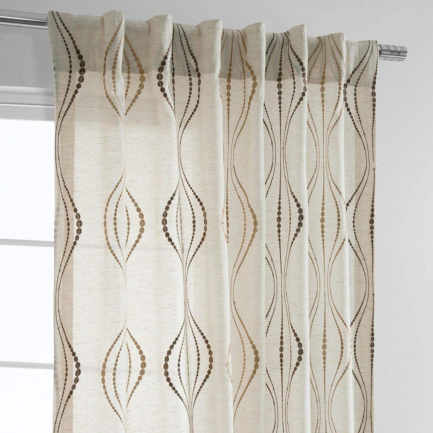 Suez Bronze Embroidered Striped Patterned Faux Linen Sheer Curtain - Image 4